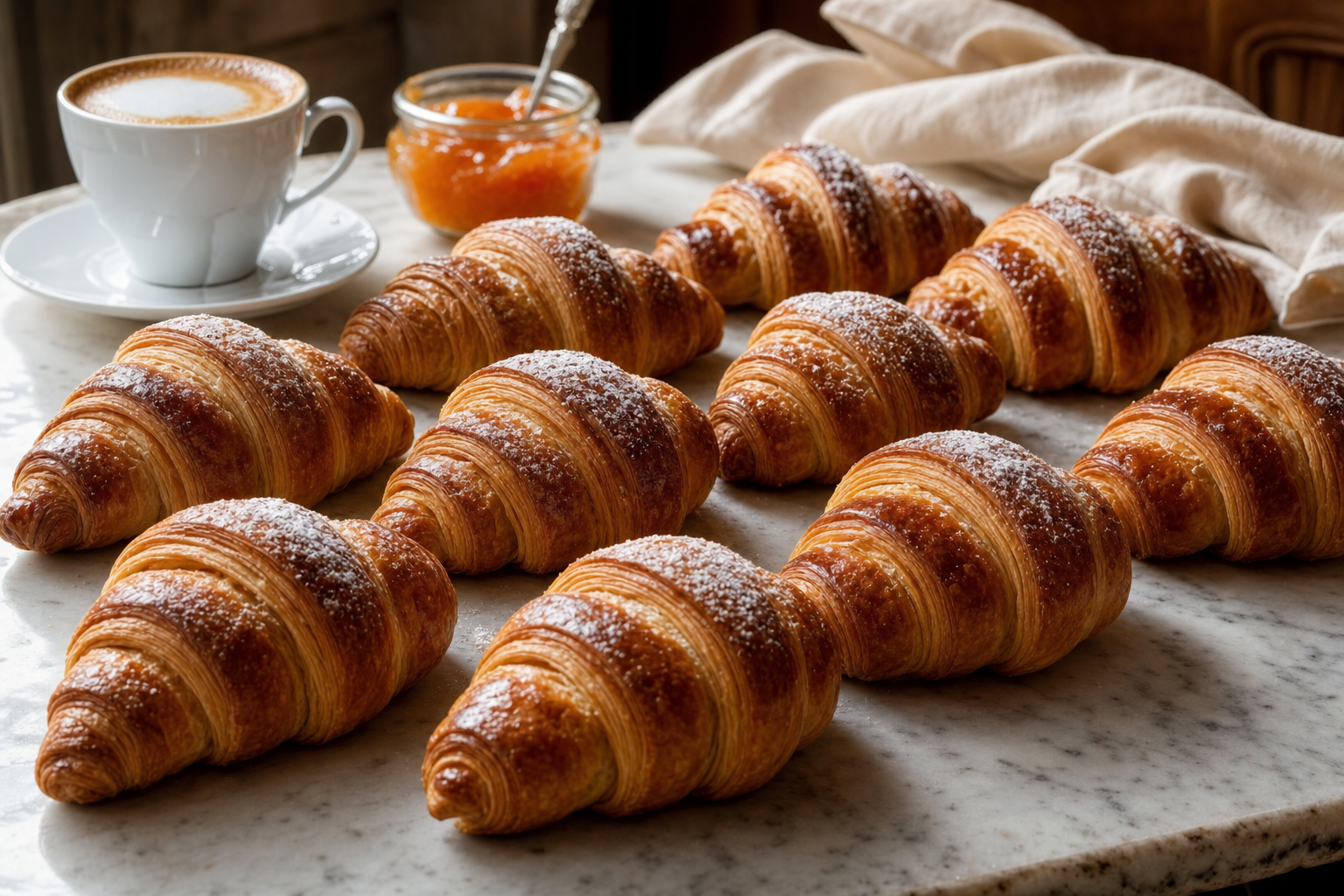 Twaalf goudbruine Italiaanse cornetti met zichtbare laagjes liggen op een marmeren tafel naast een kopje cappuccino en een potje abrikozenjam.