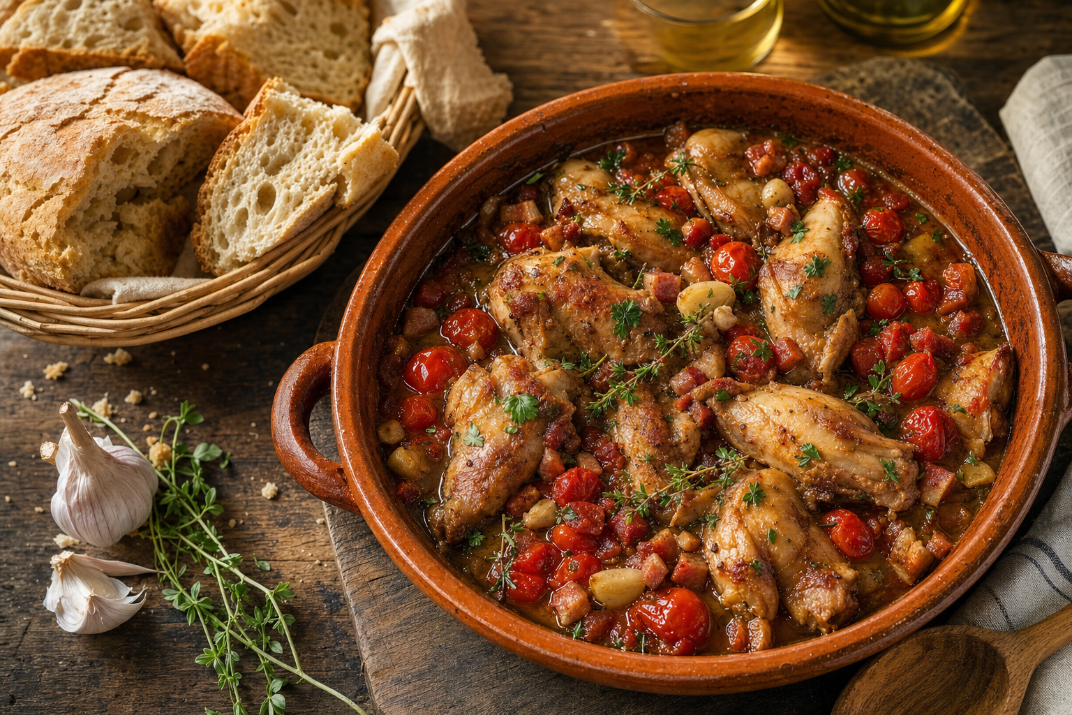 Goudbruine stukken konijn in een terracotta braadpan met cherrytomaten, pancetta, knoflook en verse peterselie in een glanzende stoofsaus.