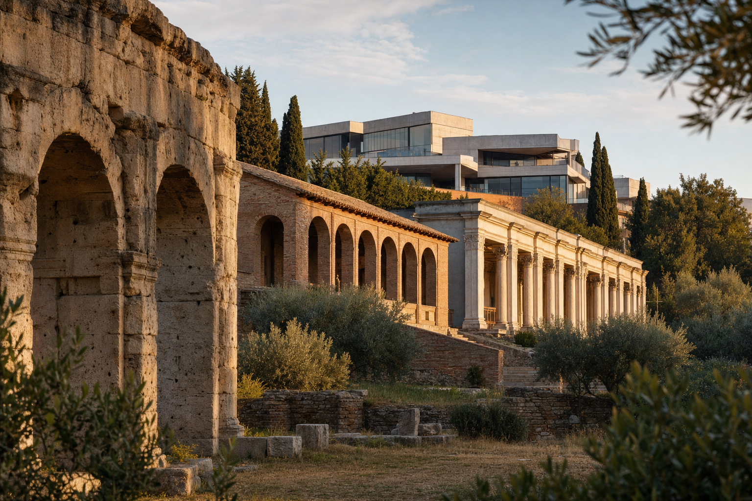 Een breed Italiaans landschap met oude stenen bogen op de voorgrond, een bakstenen arcade en lichte zuilengalerij in het midden, en een modern gebouw van glas en beton tussen cipressen op de achtergrond.