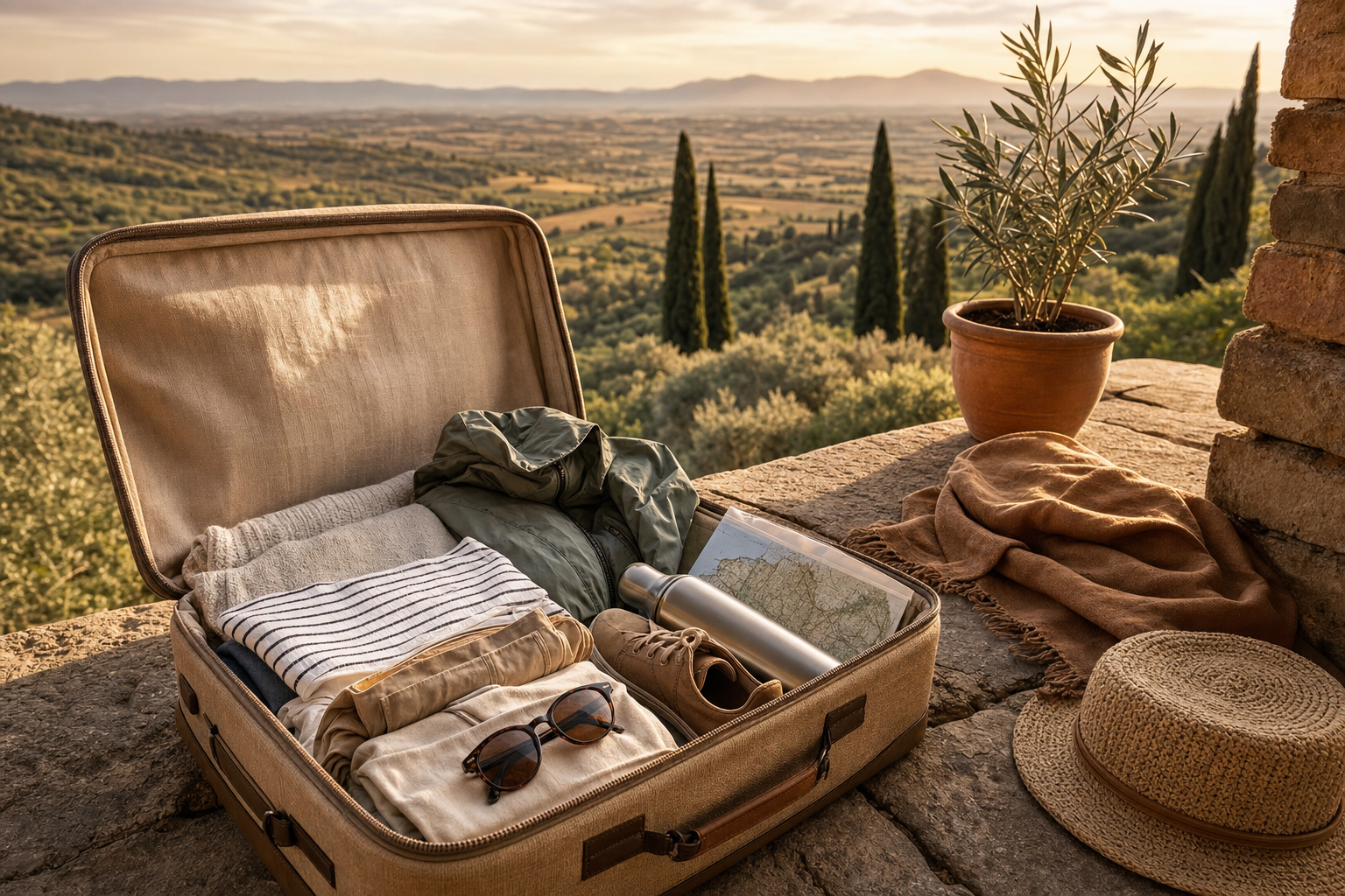 Een open koffer met opgevouwen kleding, wandelschoenen, zonnebril en een lichte jas staat op een stenen terras, met olijfbomen, cipressen en glooiende Italiaanse heuvels op de achtergrond.