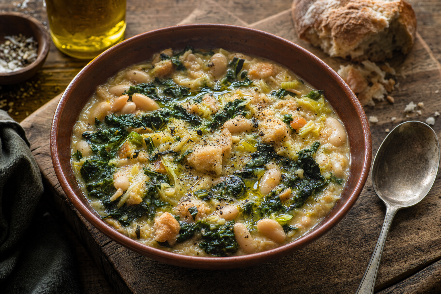 Een aardewerken kom met dikke ribollita waarin cannellinibonen, donkergroene cavolo nero, kool en zacht brood zichtbaar zijn, afgewerkt met olijfolie en zwarte peper.