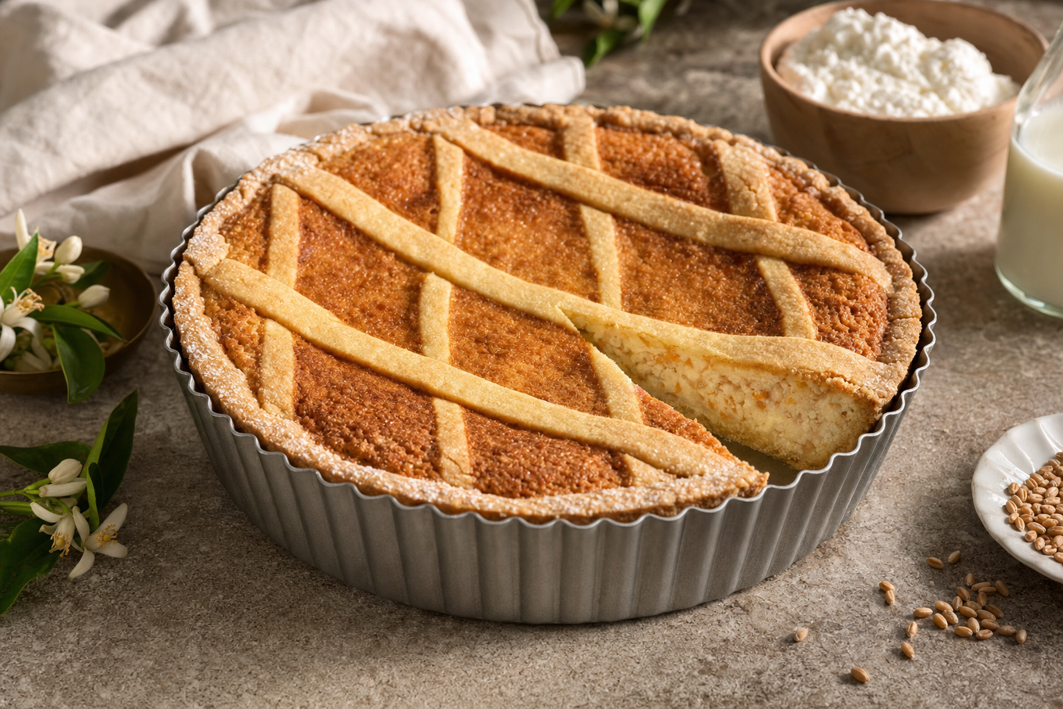 Ronde goudbruine Napolitaanse pastiera met een ruitvormig deegrooster, waarvan een punt is aangesneden zodat de lichte vulling met ricotta, tarwe en stukjes gekonfijte citrus zichtbaar is.