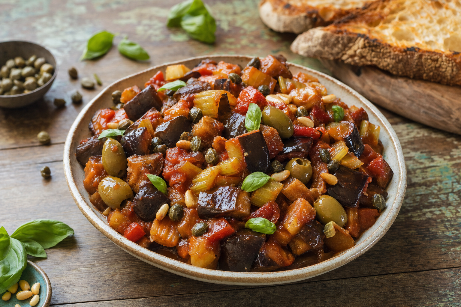 Een schaal met Siciliaanse caponata van blokjes aubergine in tomatensaus, groene olijven, kappertjes, bleekselderij, pijnboompitten en basilicum, met geroosterd brood ernaast.