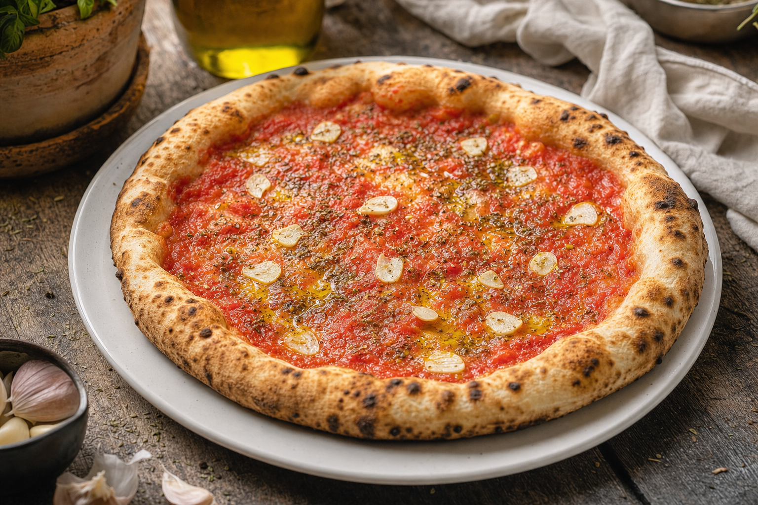 Een goudbruin gebakken pizza met een luchtige rand, rode tomaat, dunne plakjes knoflook, oregano en glanzende olijfolie op een wit bord.