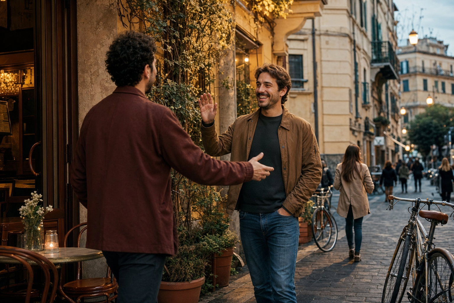Twee volwassenen begroeten elkaar glimlachend op een zonnige Italiaanse straat, met gevels, fietsen en plantenbakken op de achtergrond.