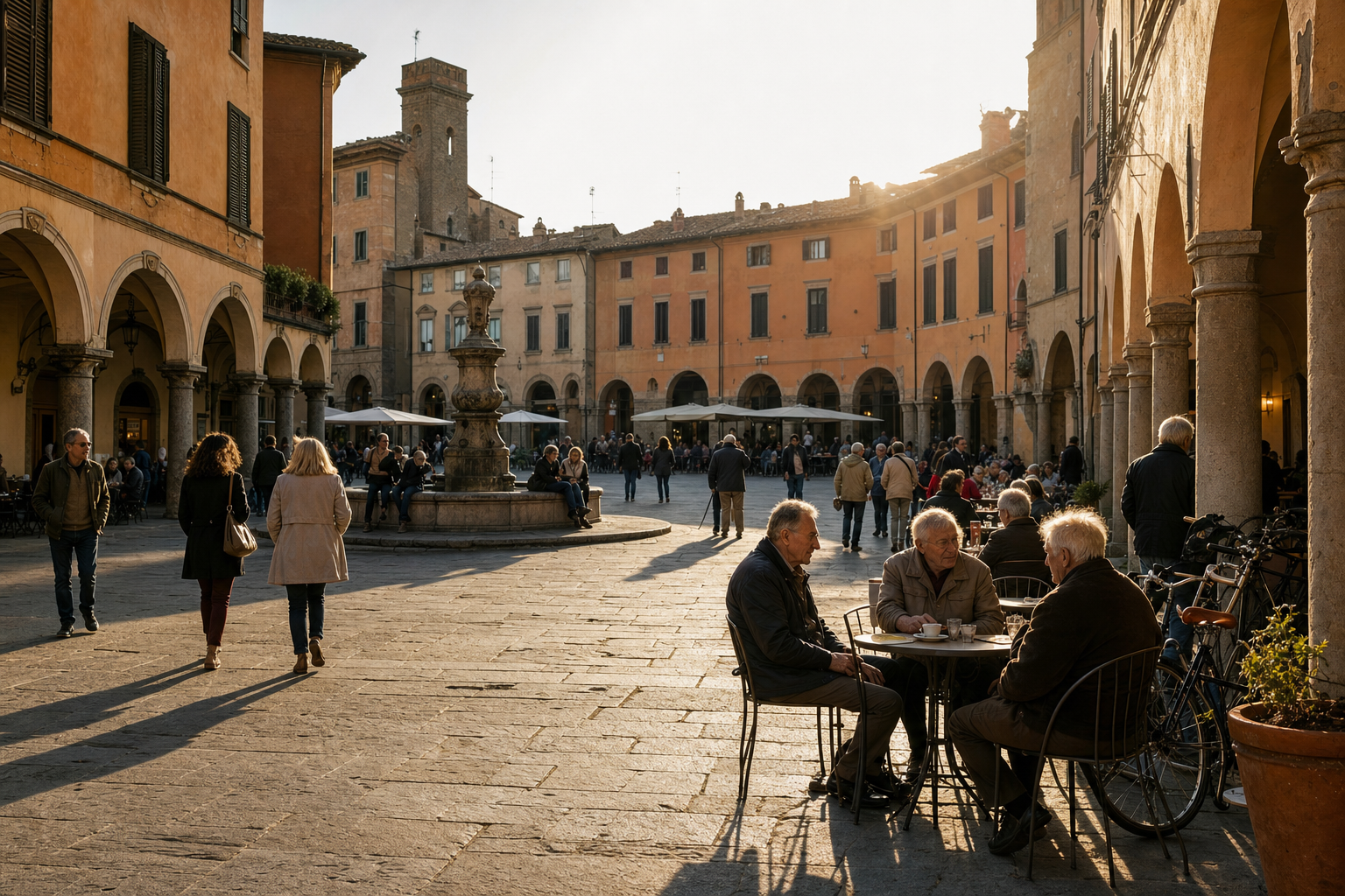 Een zonnig Italiaans plein met lichte stenen bestrating, arcades, okerkleurige gevels, een kleine fontein en mensen die wandelen of met elkaar praten.