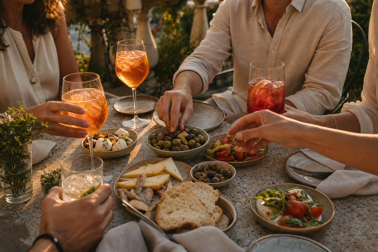 Een sfeervolle tafel op een terras met glazen kleurrijke drankjes, schaaltjes olijven en kleine hartige hapjes, terwijl meerdere mensen samen aan tafel zitten.