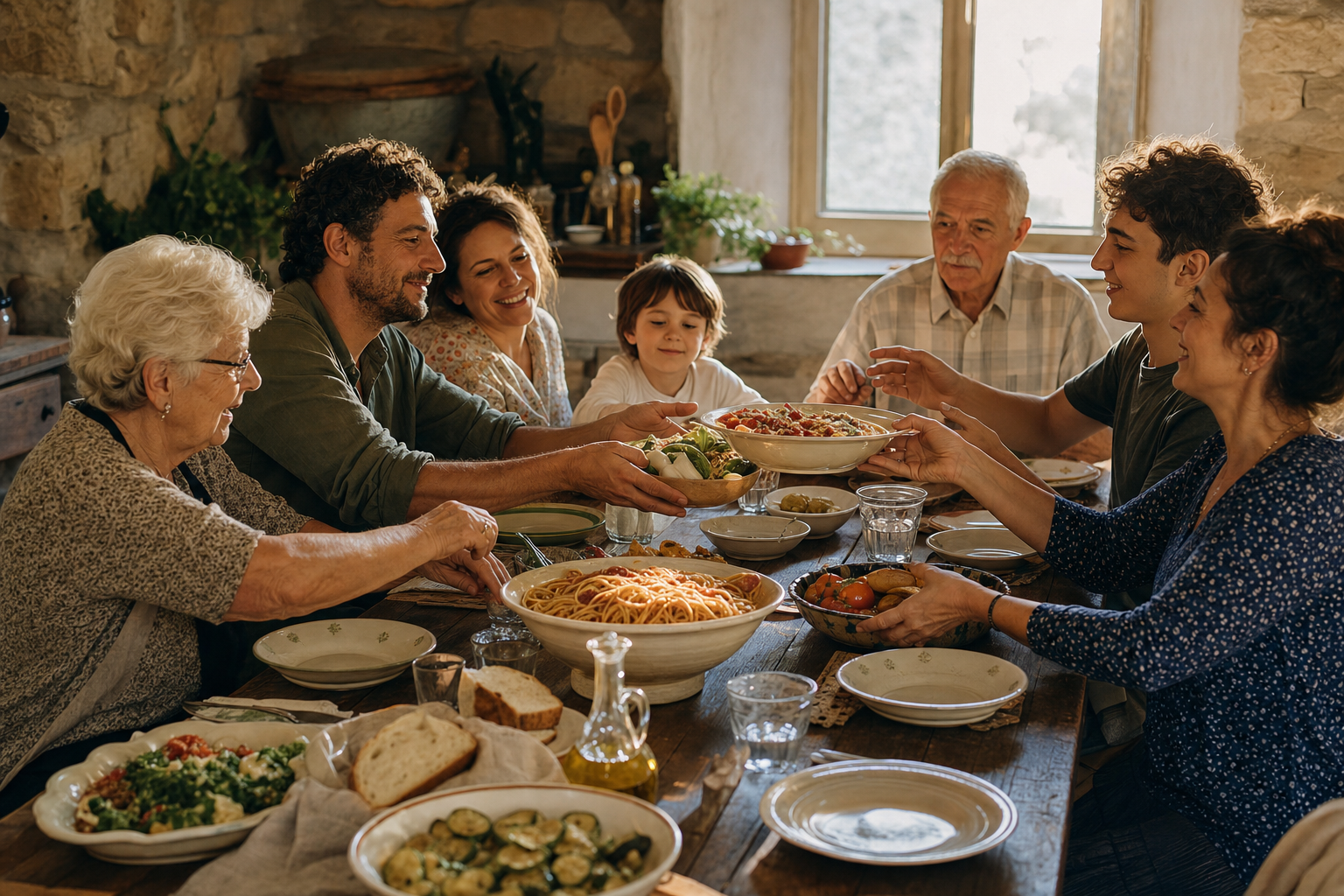 Een lange houten tafel bij warm middaglicht, waaraan meerdere generaties samen eten terwijl handen schalen met pasta, brood en groenten doorgeven.