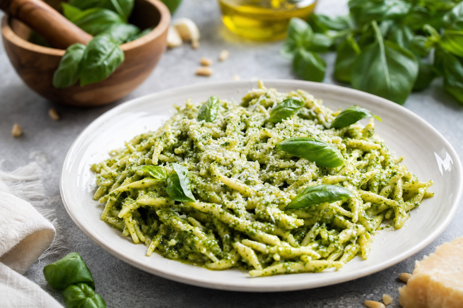 Een wit bord met gedraaide trofie in heldergroene basilicumpesto, afgewerkt met verse basilicumblaadjes en fijn geraspte kaas.