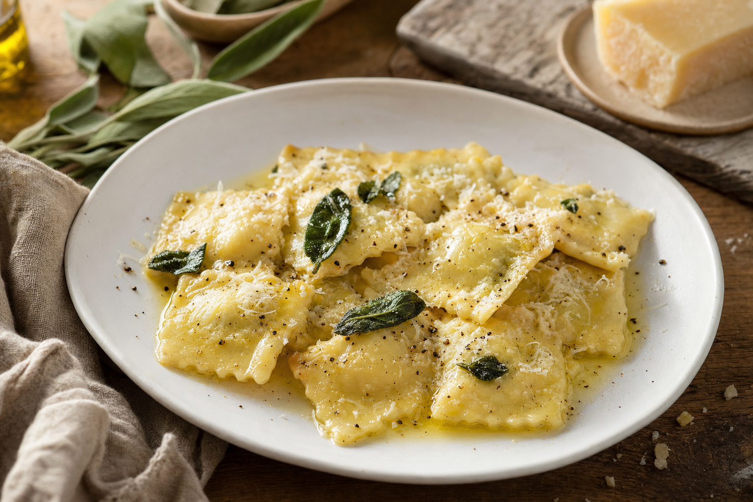 Een diep wit bord met vierkante ravioli, bedekt met gebruinde boter, groene salieblaadjes, geraspte Parmezaanse kaas en zwarte peper.