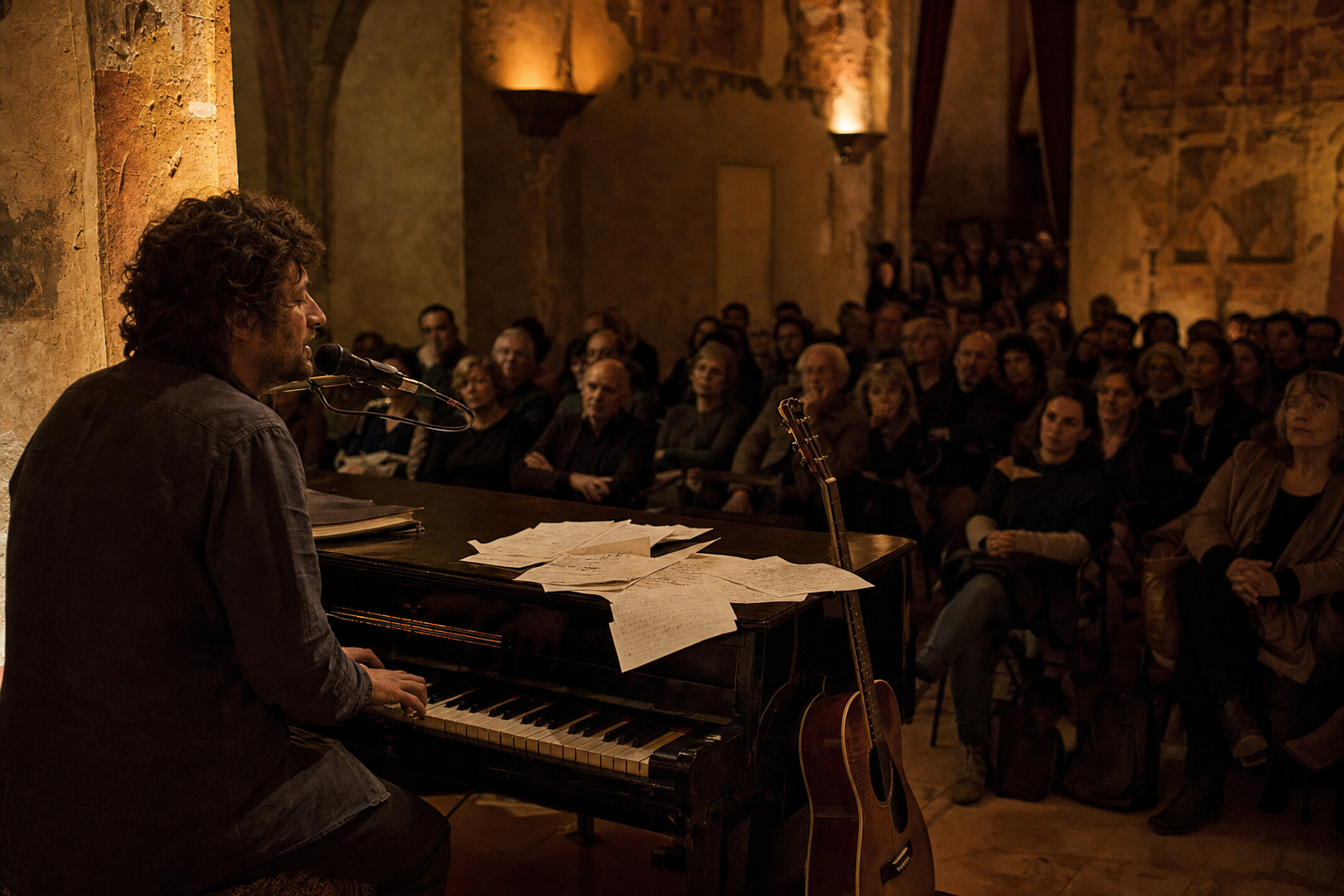 Een singer-songwriter zit achter een piano in een sfeervolle concertzaal, met losse vellen songtekst op de piano en een akoestische gitaar ernaast terwijl publiek aandachtig luistert.