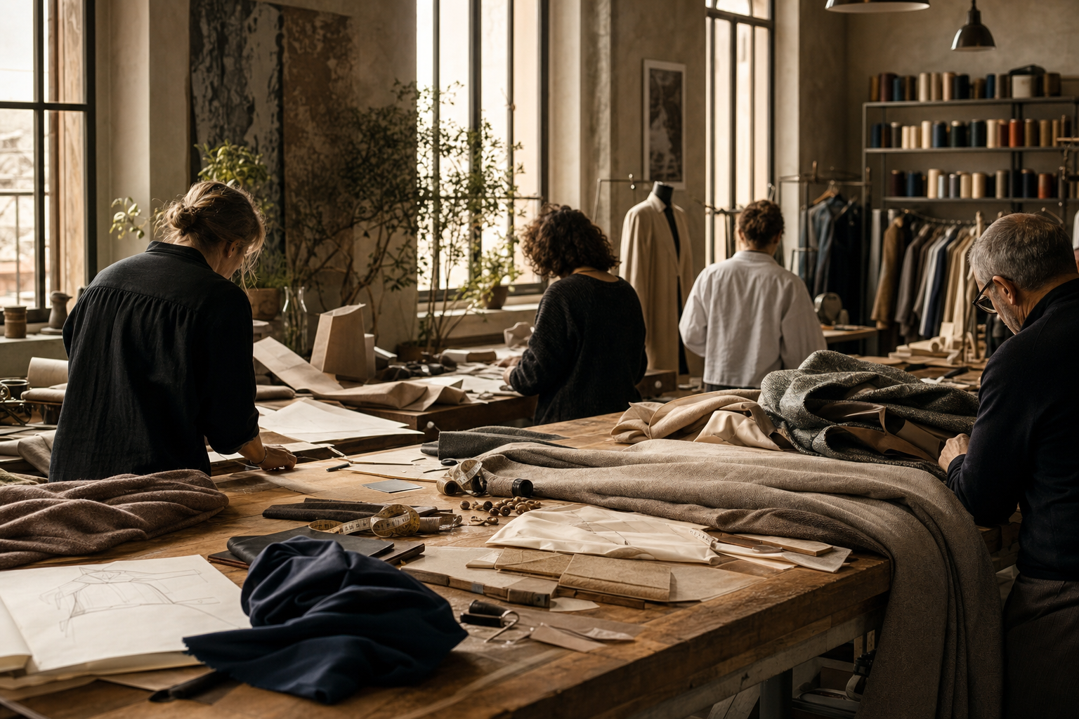 Een brede werkruimte van een modeatelier met handen die stof knippen en naaien aan een lange houten tafel met patronen, garens, leren stukken en opgevouwen textiel.