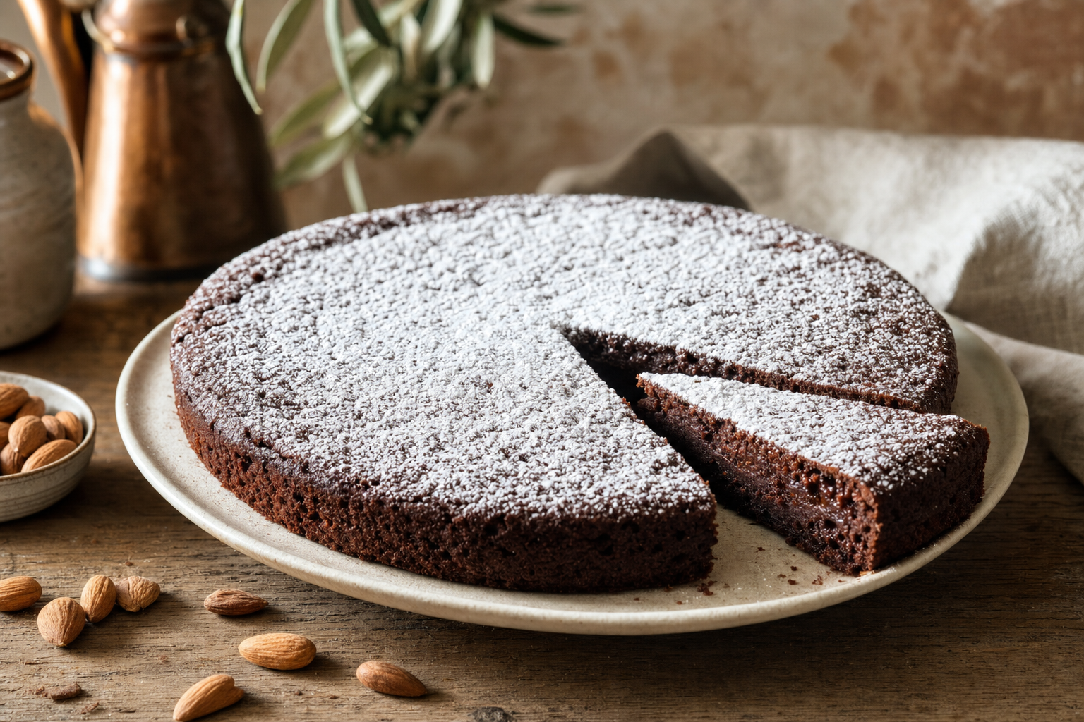 Een lage, donkere chocoladetaart op een licht bord, bestoven met poedersuiker, met een uitgesneden punt die de vochtige chocolade-amandelkern toont.