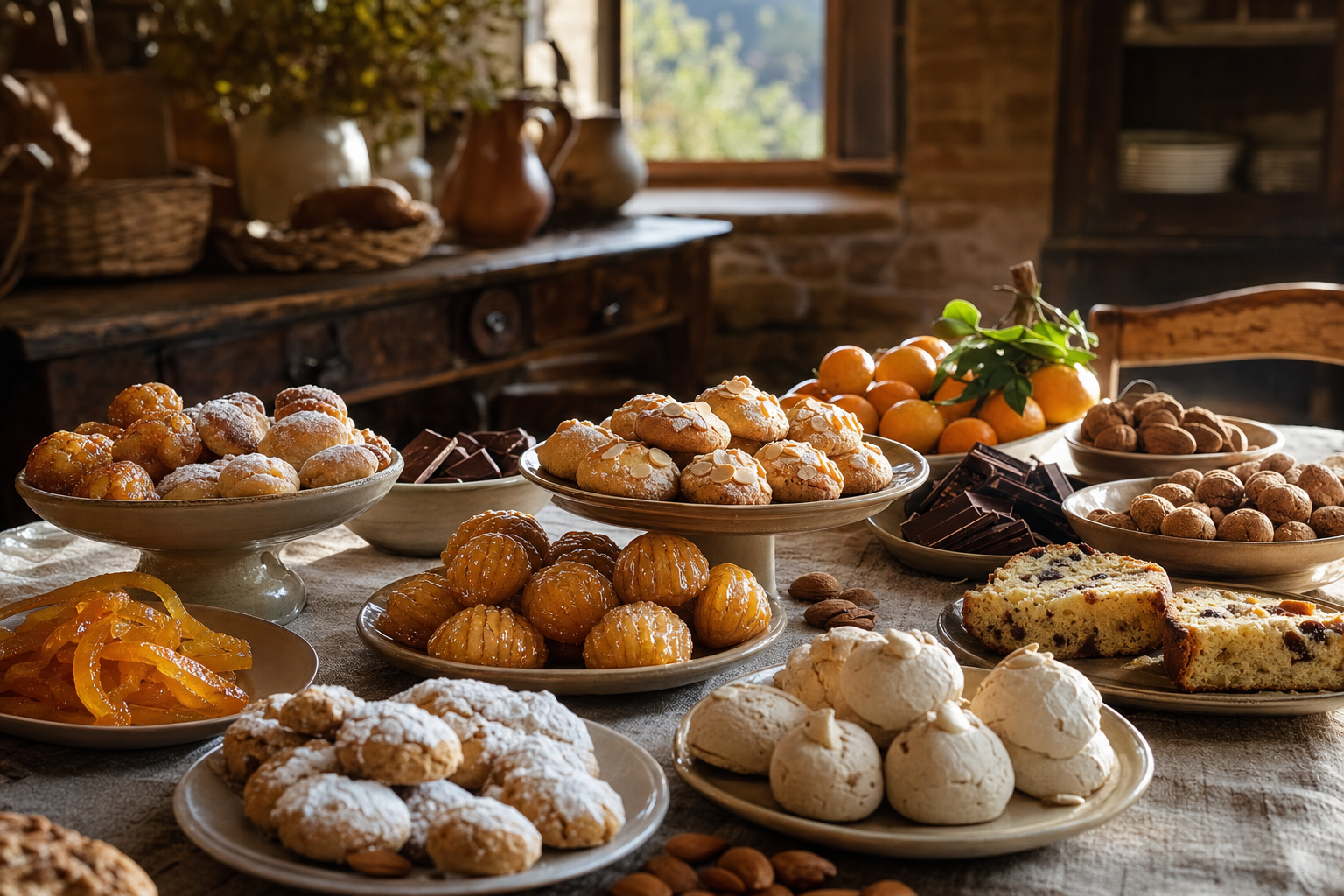 Een rijk gedekte tafel met verschillende Italiaanse koekjes, kleine gebakjes, gekonfijte citrusschillen, chocolade en cakes op keramieken schalen.