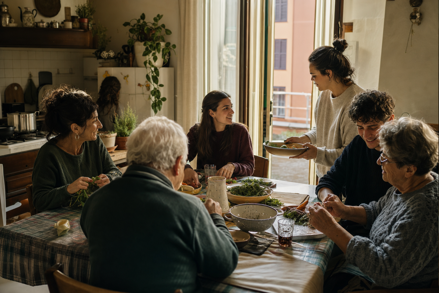 Drie generaties van een Italiaans gezin zitten en staan rond een gedekte tafel in een zonnige keuken, terwijl zij samen groenten bereiden en met elkaar praten.