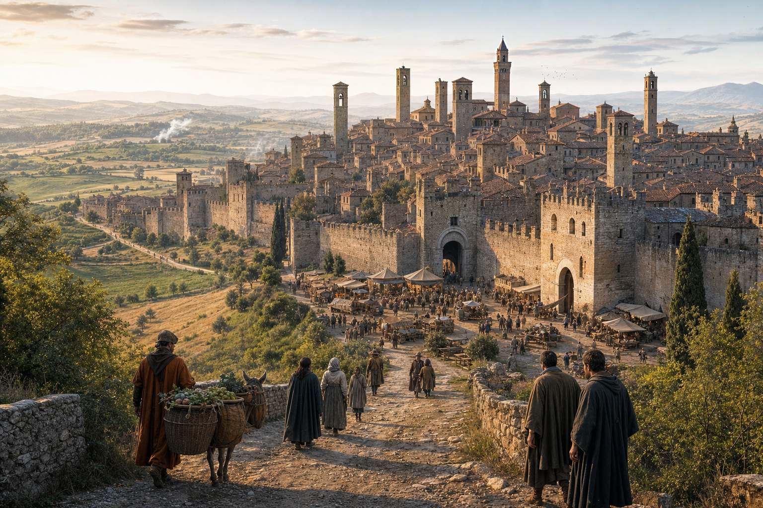 Een panoramisch uitzicht op een ommuurde middeleeuwse Italiaanse stad met stenen torens, rode daken, een levendige markt en akkers op het omliggende platteland.