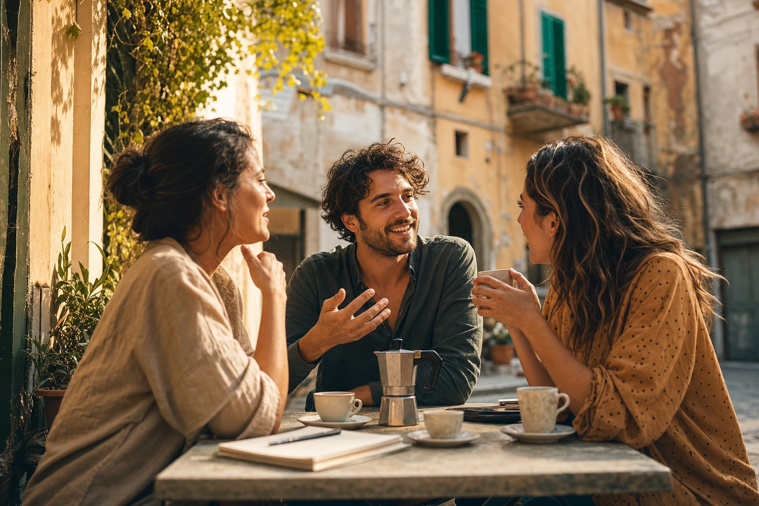 Drie volwassenen praten ontspannen aan een tafeltje buiten op een Italiaans plein, met koffiekopjes, notitieboekjes en verweerde gevels met groene luiken op de achtergrond.