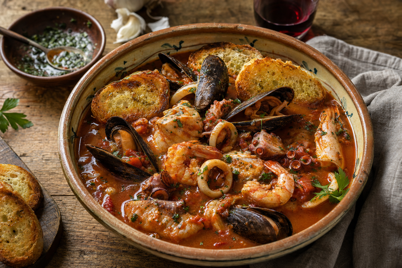 Een diepe keramieken kom met donkerrode vissoep, stukken witte vis, octopus, inktvisringen, mosselen in schelp en garnalen, met geroosterd brood ernaast.