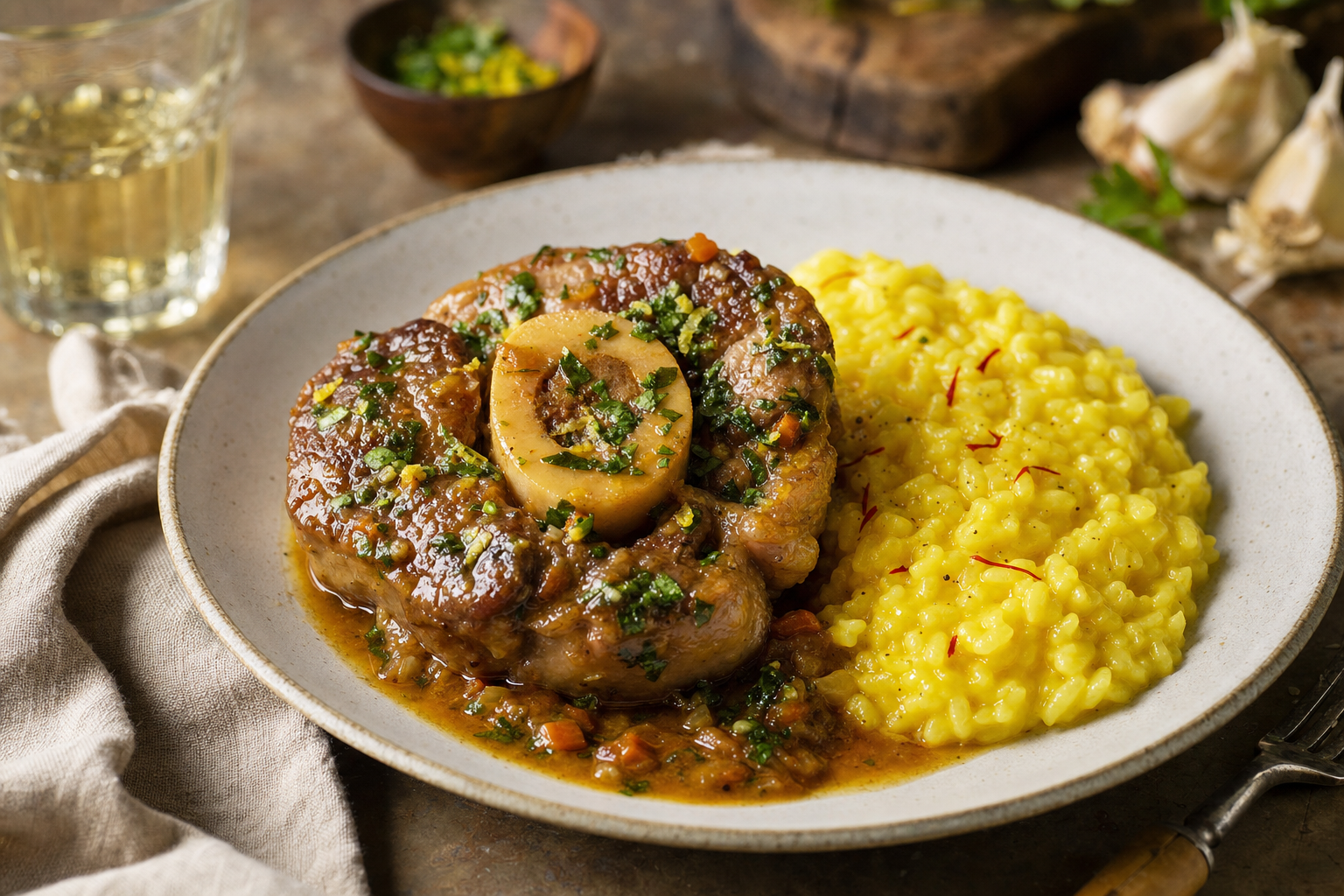 Een gestoofde kalfsschenkel met zichtbaar mergbot in lichte jus, bestrooid met peterselie-citroengremolata en geserveerd naast gele saffraanrisotto.