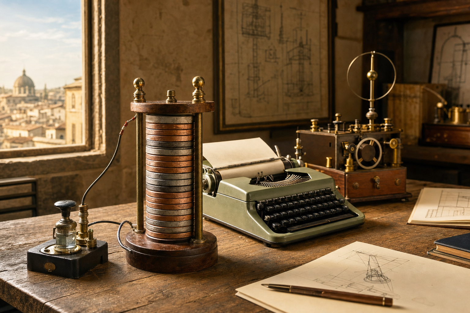 Op een houten werktafel staan een stapel metaalplaatjes van een vroege batterij, een compacte groene draagbare schrijfmachine met papier en een messing draadloos telegrafietoestel in zacht ochtendlicht.