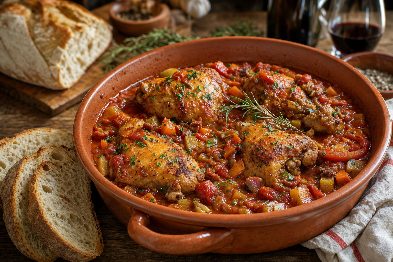 Goudbruine kipdelen met rozemarijn in een rode tomatensaus, geserveerd in een terracotta braadpan met sneden rustiek brood ernaast.