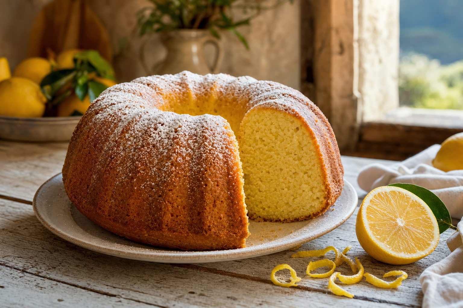 Goudbruine Italiaanse citroenringcake in tulbandvorm met poedersuiker, een uitgesneden punt die de luchtige lichte kruim toont en een halve citroen ernaast.