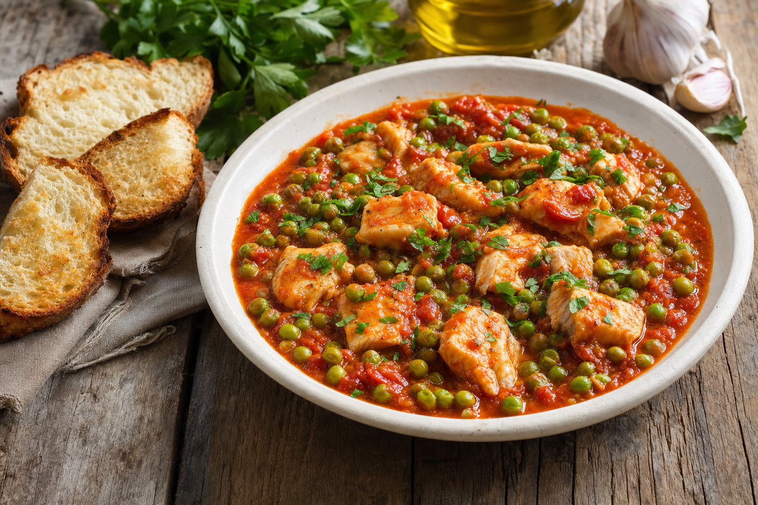 Een witte schaal met repen zeekat en groene doperwten in rode tomatensaus, afgewerkt met peterselie en geserveerd met geroosterd Italiaans brood.