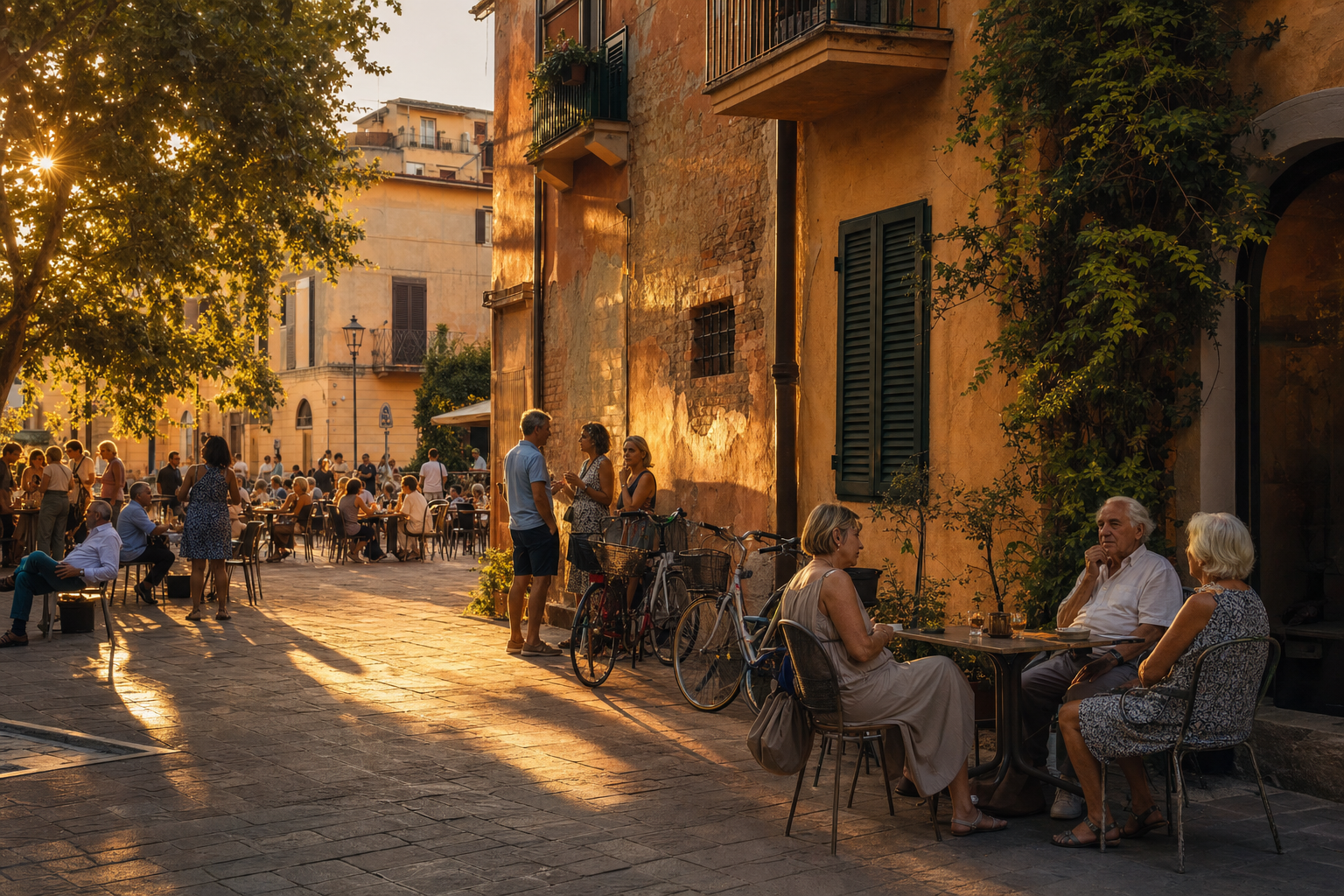 Mensen van verschillende leeftijden praten aan het begin van de avond op een zonnig Italiaans plein met woningen, fietsen en een klein terras.