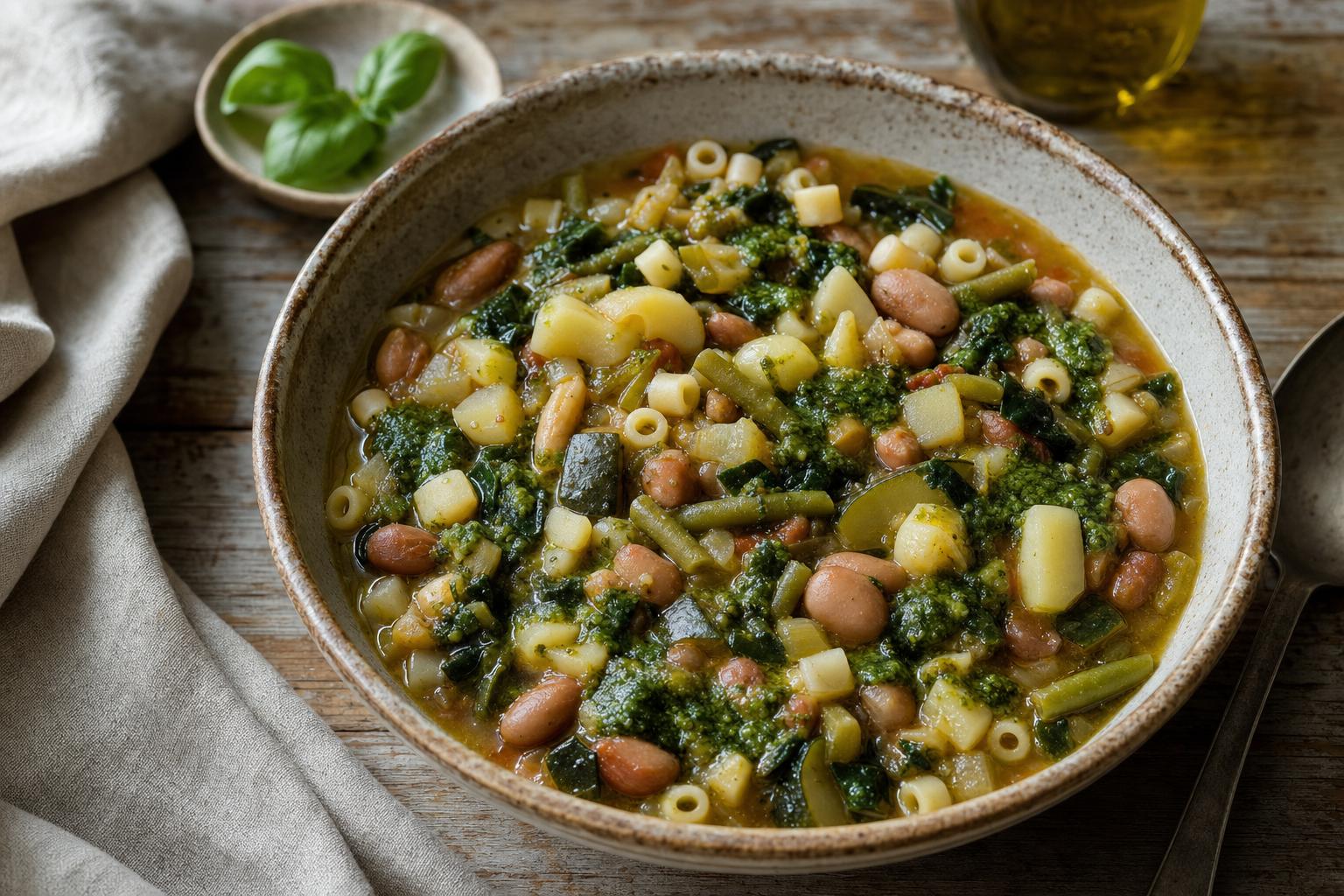 Een diepe keramieken kom met dikke Ligurische groentesoep, zichtbare bonen, sperziebonen, courgette en kleine pasta, afgewerkt met groene pesto en olijfolie.