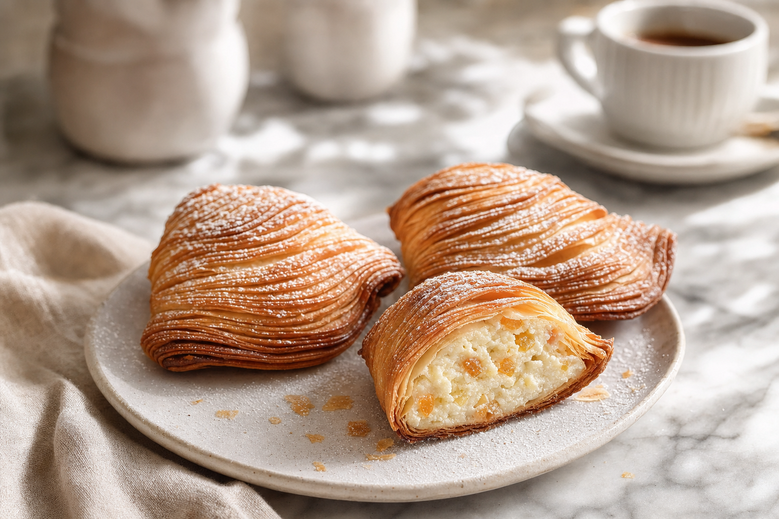 Drie goudbruine, schelpvormige sfogliatelle met knapperige deeglaagjes op een licht marmeren blad, waarvan één doorgesneden is en de lichte ricotta-griesmeelvulling met gekonfijte citrus toont.