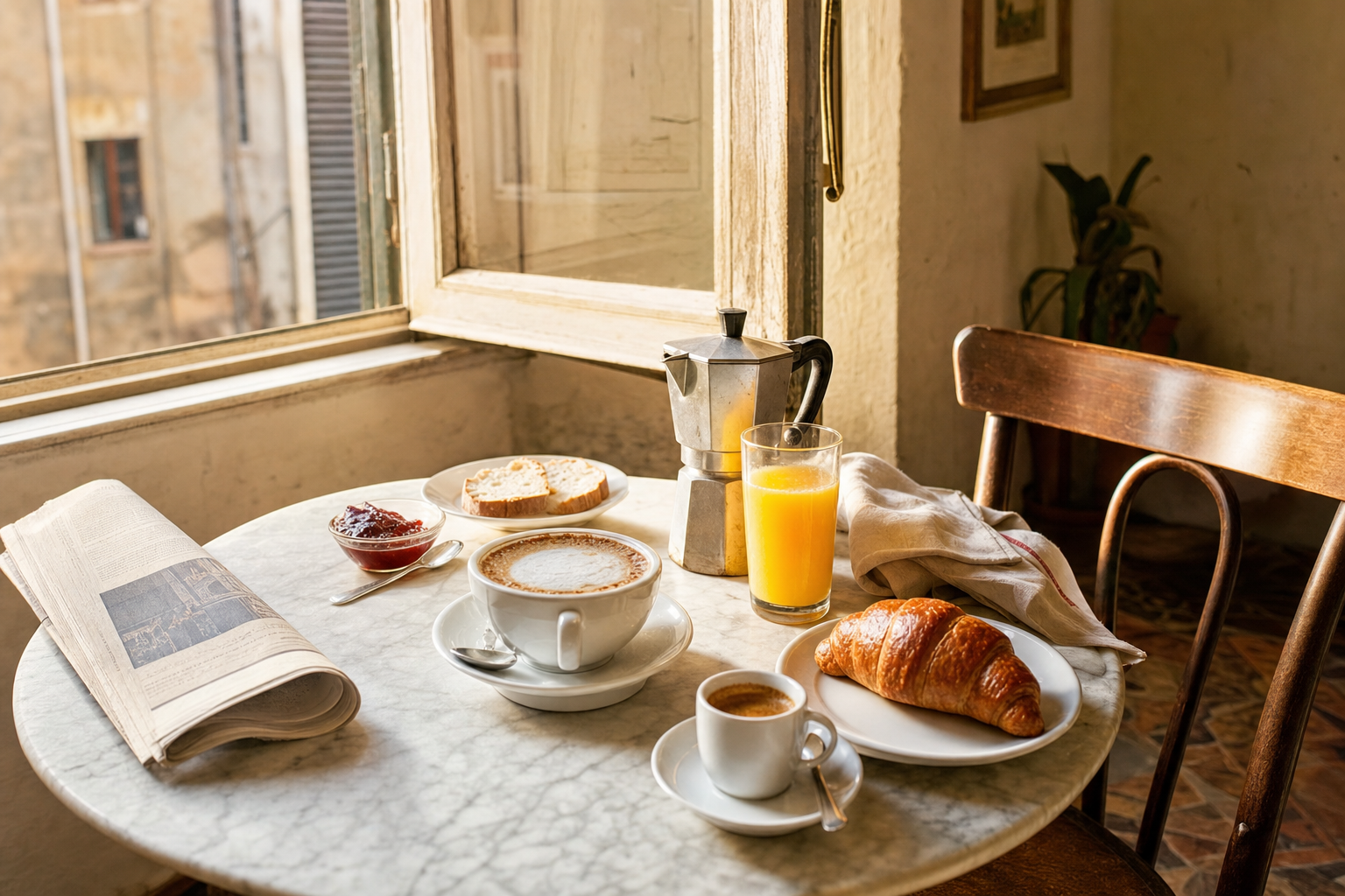 Een zonnige ontbijttafel bij een open raam met espresso, cappuccino, een gevuld cornetto, brood met jam, sinaasappelsap en een opgevouwen krant.
