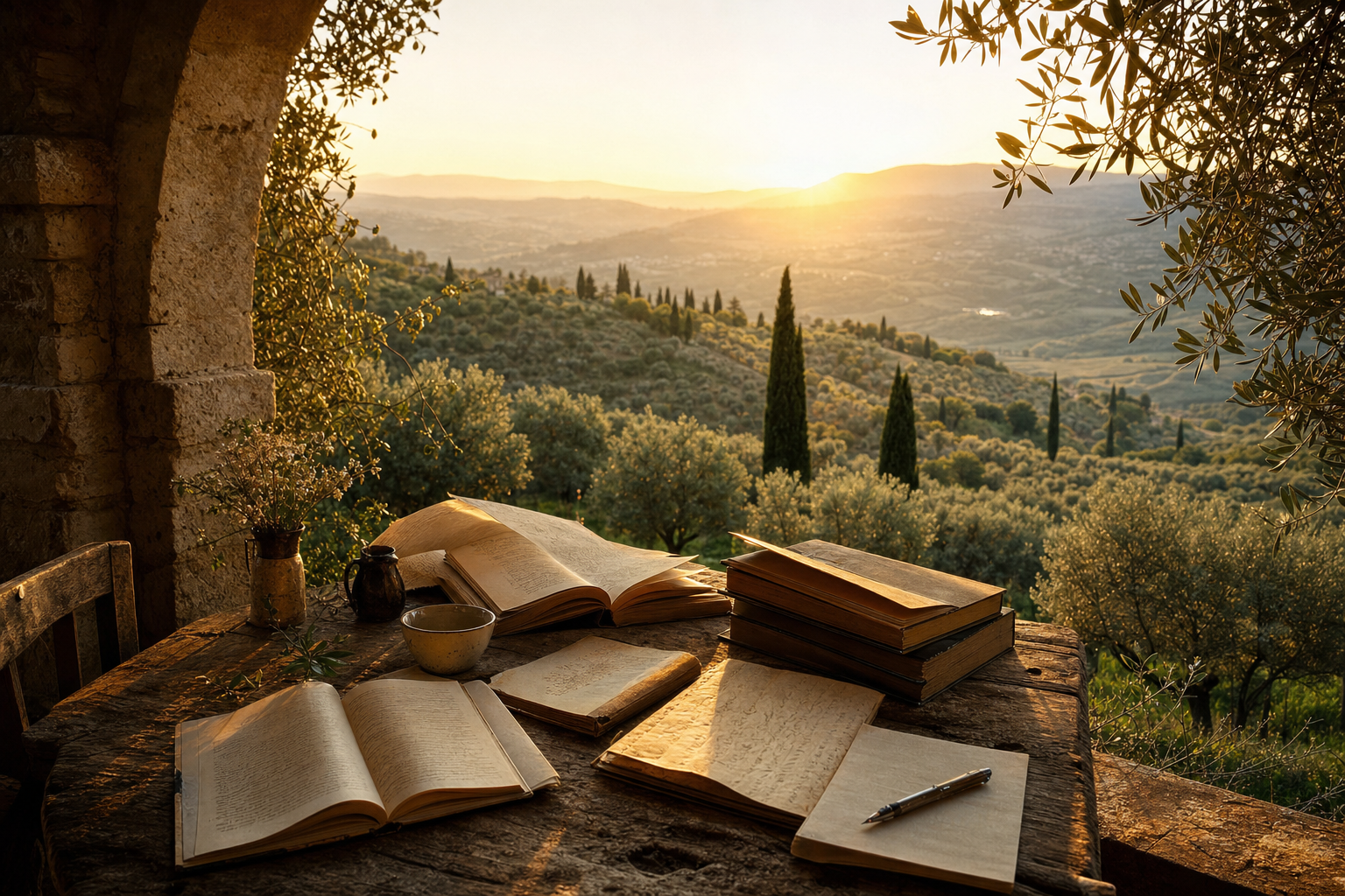 Een houten tafel met open boeken en losse bladzijden onder een stenen boog, met daarachter een zonnig Italiaans heuvellandschap met olijfbomen en cipressen.