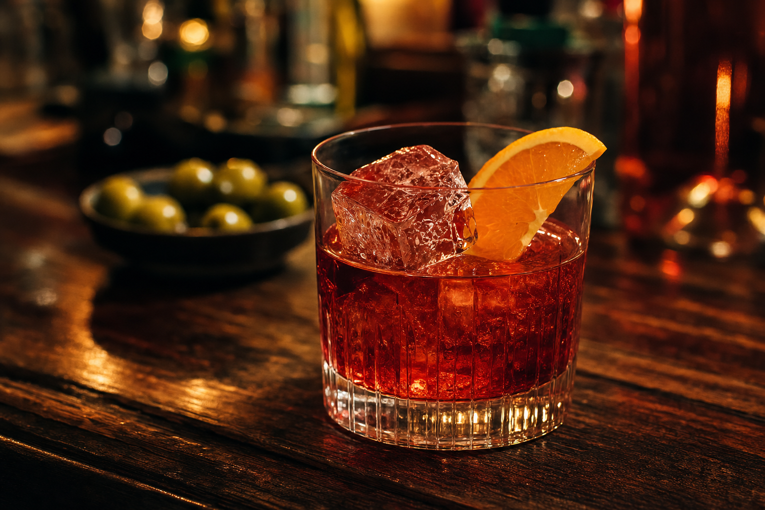 Een dieprode Negroni in een laag glas met grote ijsblokjes en een halve schijf sinaasappel, gefotografeerd op een donkere houten bar.