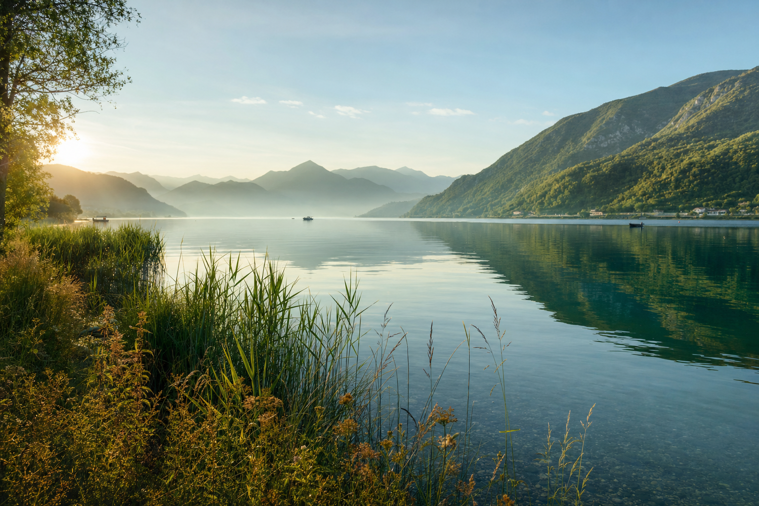 Een rustig Italiaans meer in de vroege ochtend, met riet en wilde grassen aan de oever, zacht licht op het water en groene heuvels en bergen op de achtergrond.