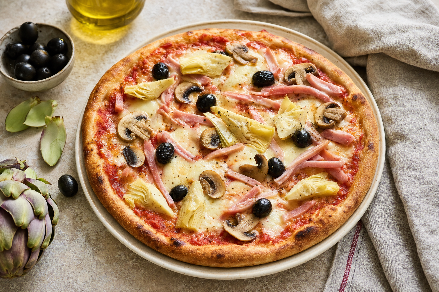 Bovenaanzicht van een goudbruin gebakken pizza met tomaat, gesmolten mozzarella, ham, champignons, artisjokharten en zwarte olijven op een lichte schaal.