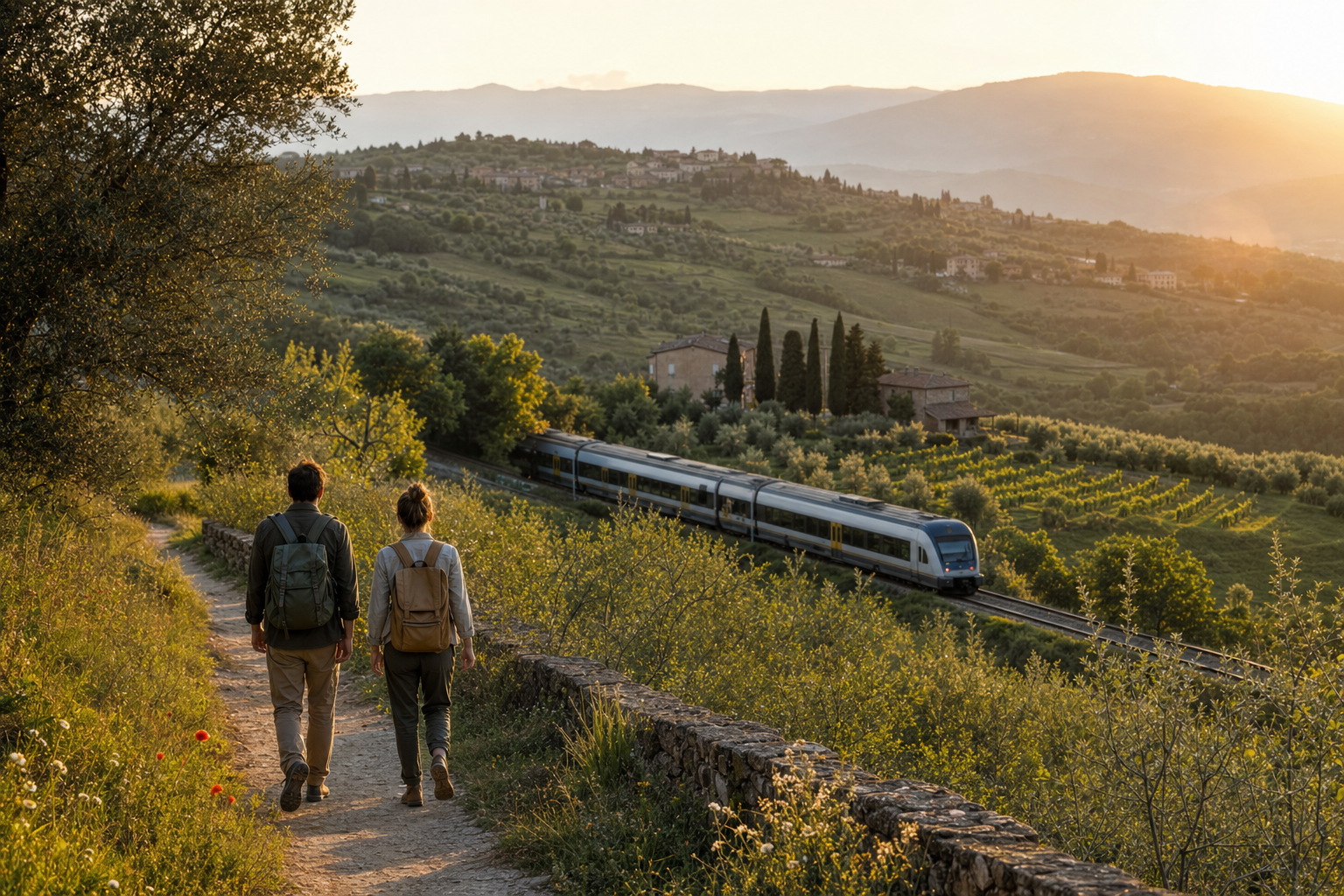 Een regionale trein rijdt door een groene Italiaanse vallei met olijfbomen, wijngaarden, stenen huizen en bergen op de achtergrond, terwijl twee reizigers over een gemarkeerd wandelpad lopen.