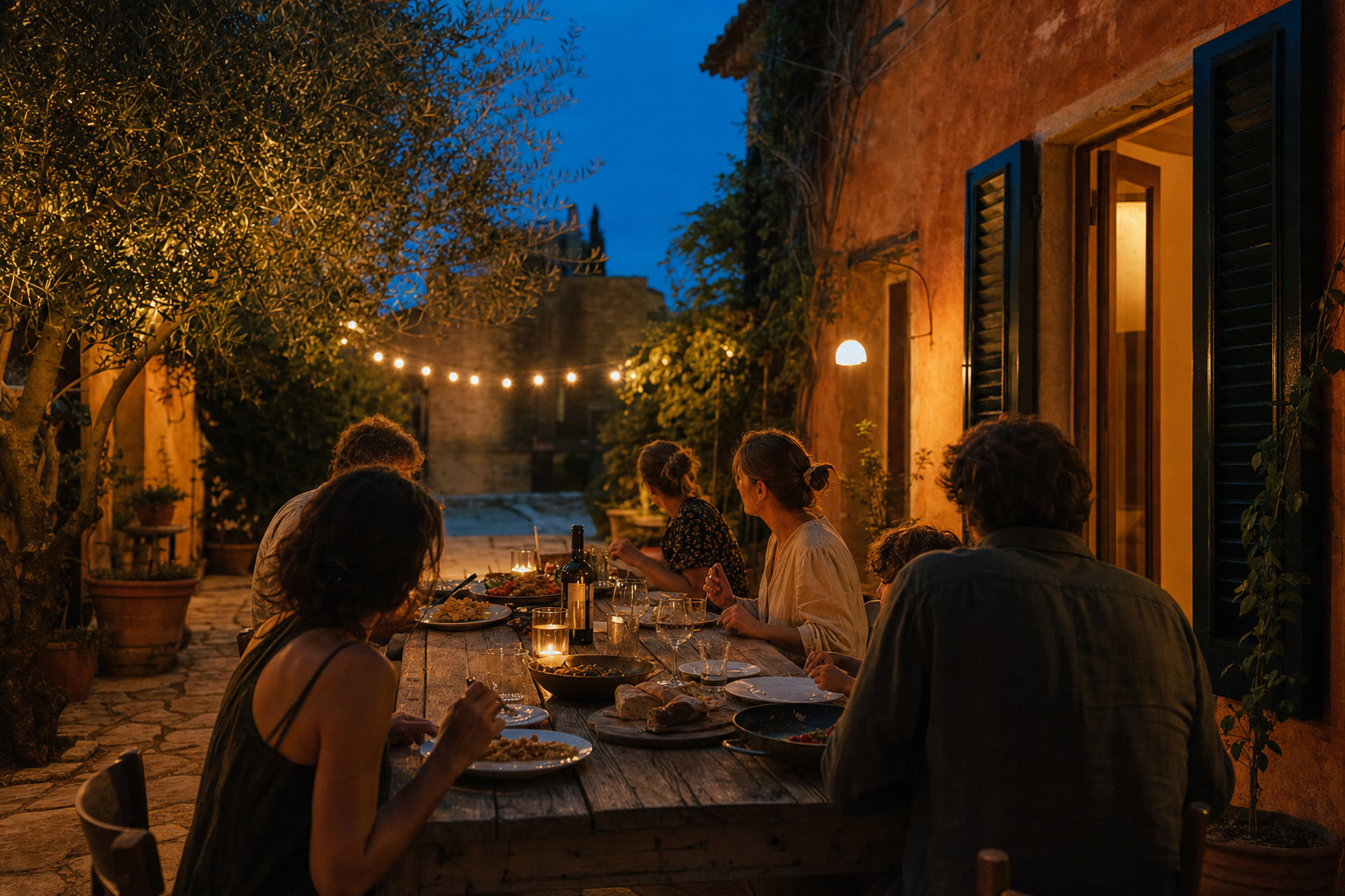 Een houten tafel in een rustige Italiaanse binnenplaats bij schemering, waar enkele mensen samen eten onder warme lampjes.