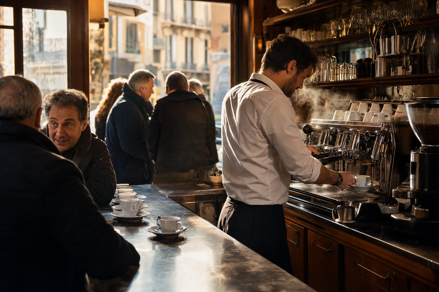 Een barista bereidt espresso achter een glanzende koffiemachine terwijl enkele gasten staand aan de bar kleine witte koffiekopjes vasthouden.