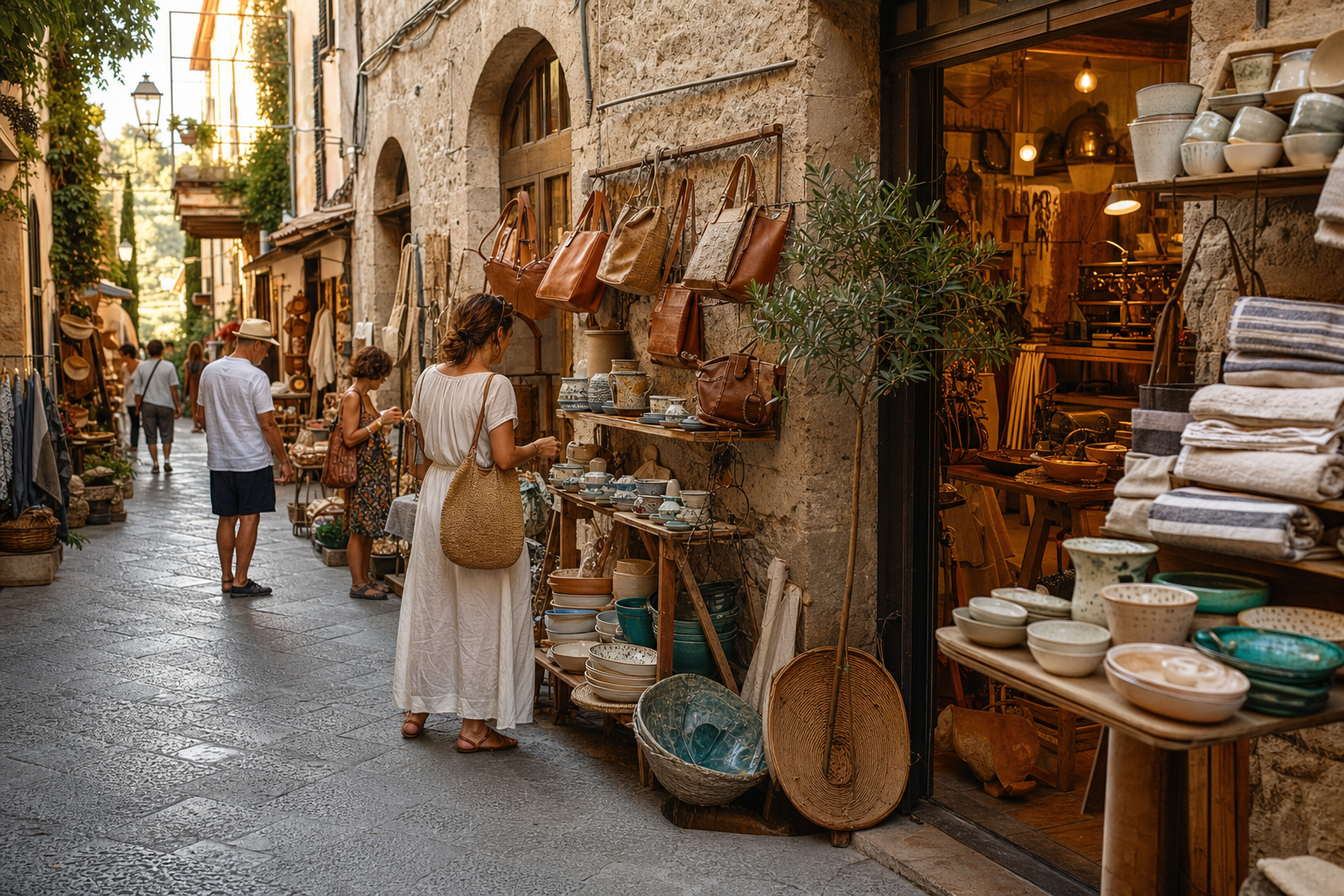Een sfeervolle Italiaanse winkelstraat met kleine etalages, keramieken schalen, leren tassen en opgevouwen linnen stoffen, terwijl bezoekers langs een verlicht atelier lopen.
