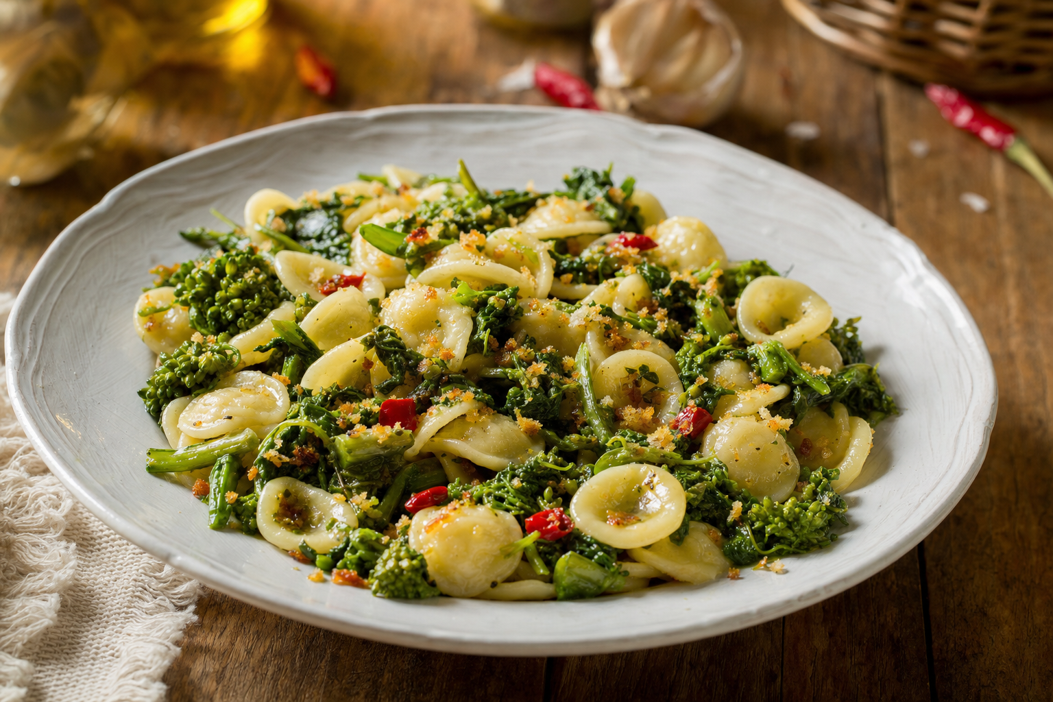 Diep wit bord met orecchiette, donkergroene cime di rapa, rode chili en goudbruin geroosterd paneermeel.