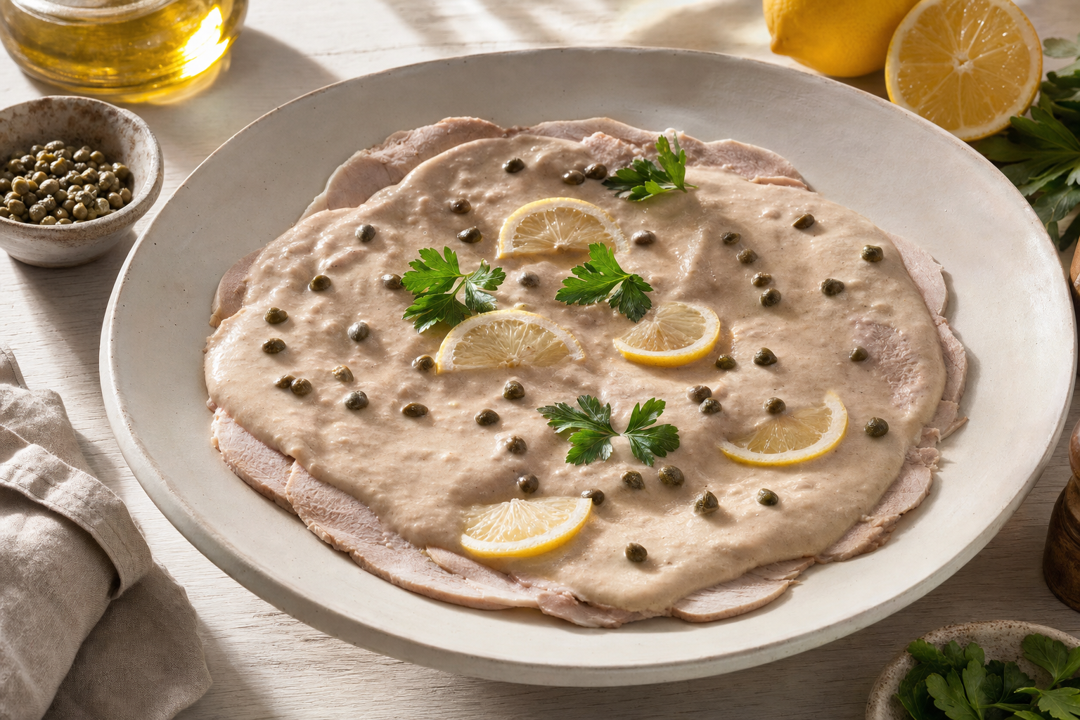 Grote schaal met dun gesneden kalfsvlees onder romige beige tonijnsaus, afgewerkt met kappertjes, citroenschijfjes en peterselie.