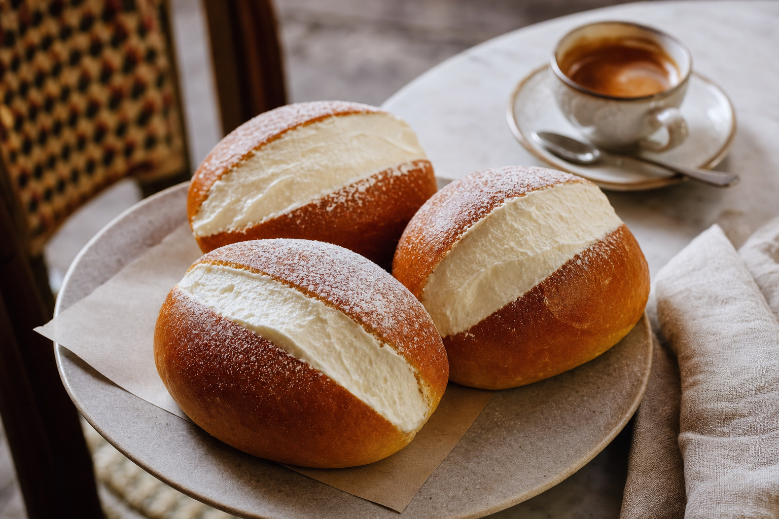 Drie goudbruine ovale briochebroodjes, diep ingesneden en royaal gevuld met witte slagroom, op een licht marmeren tafeltje naast een kopje espresso.