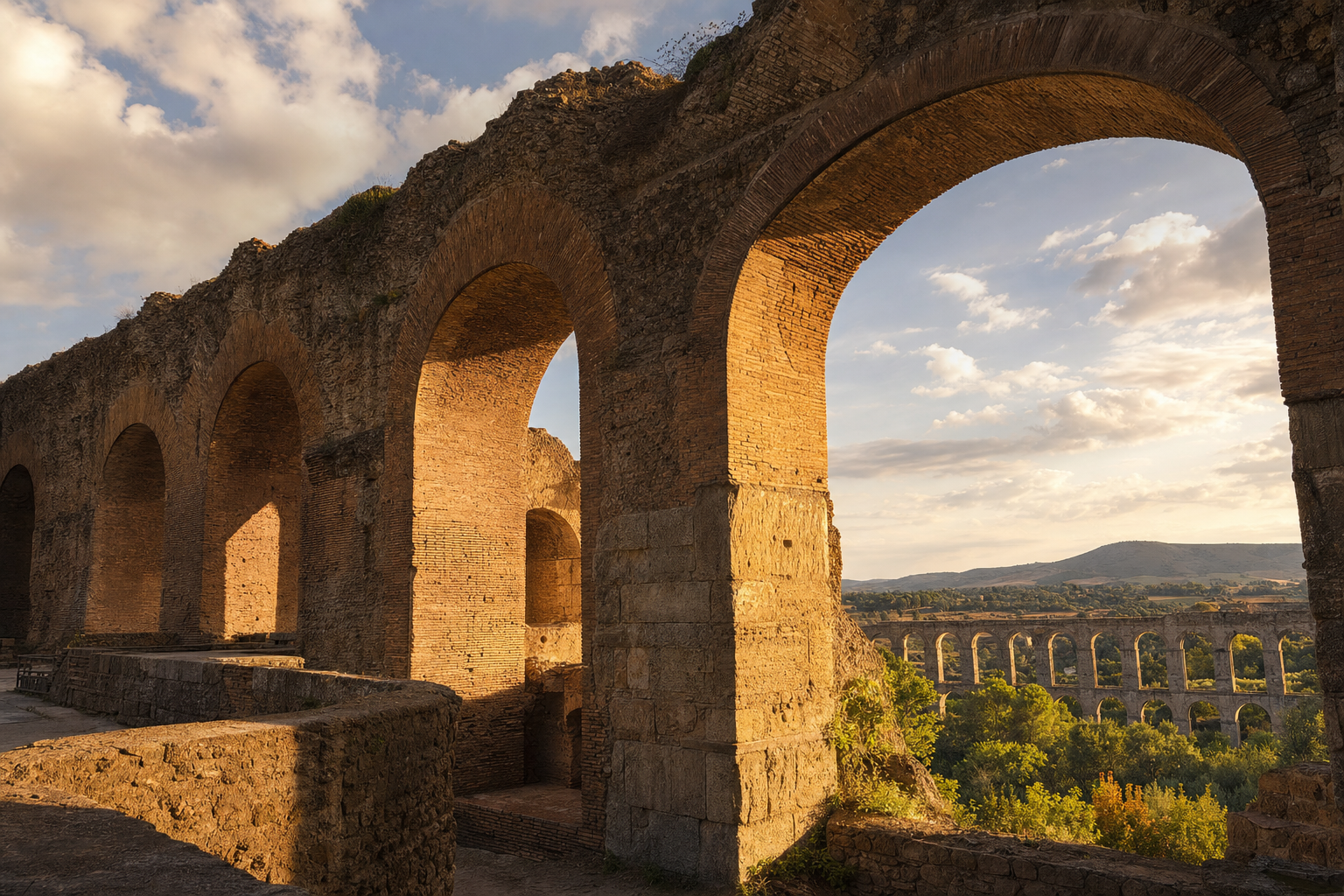 Verweerde stenen bogen en bakstenen gewelven van een Romeins bouwwerk, met op de achtergrond een aquaduct in een groen Italiaans landschap.