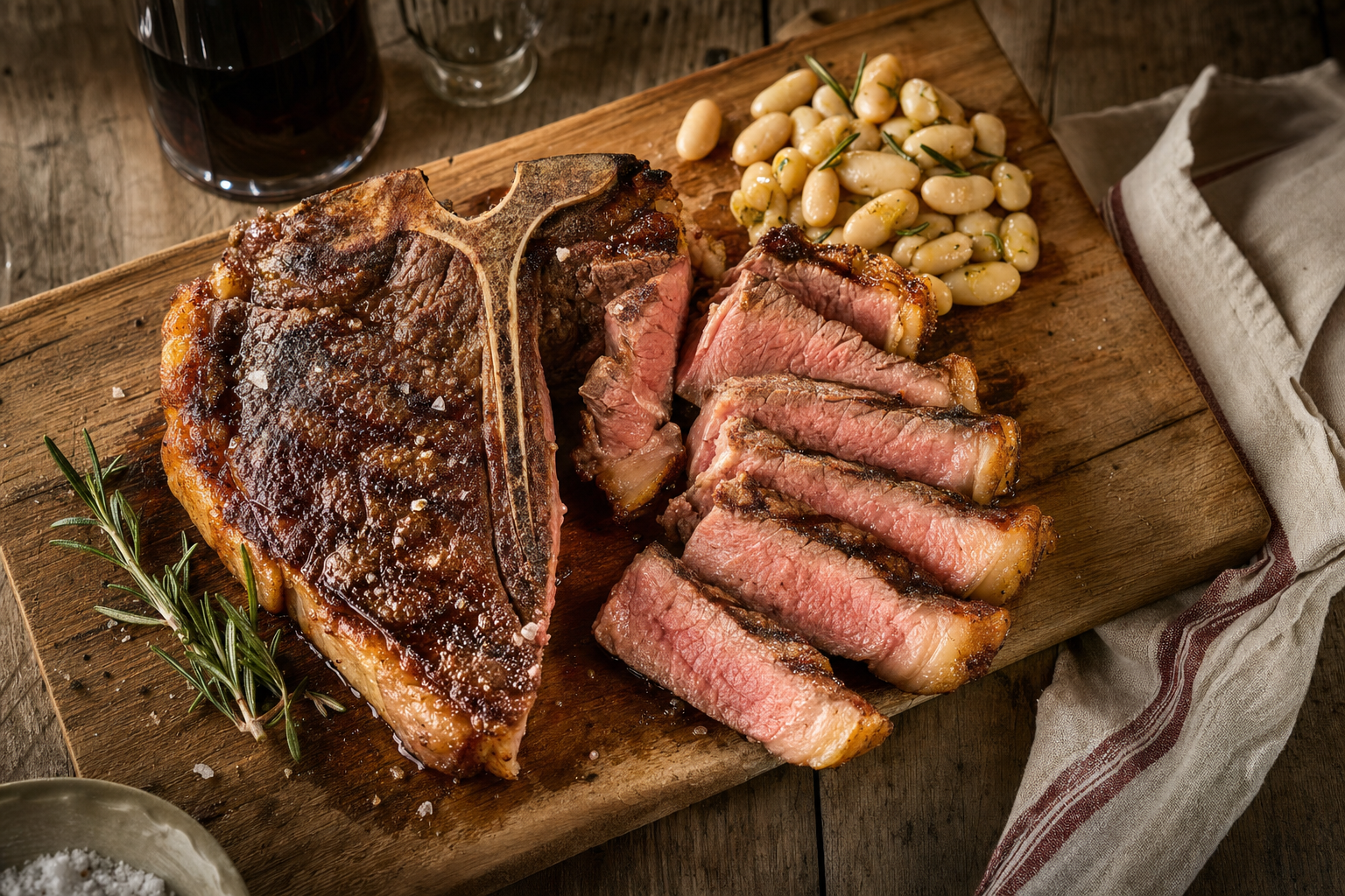 Aangesneden dikke T-bonesteak met een donker gegrilde korst en rosérode plakken vlees op een houten plank, met het T-vormige bot zichtbaar.