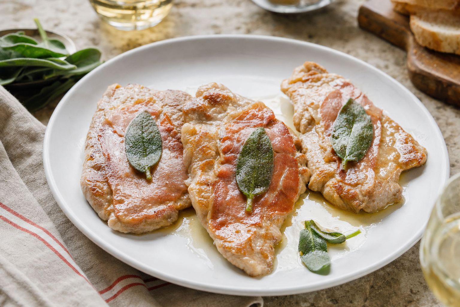 Een wit bord met dunne goudbruin gebakken kalfslapjes, bedekt met prosciutto en groene salieblaadjes, in een glanzende lichte boter-wijnsaus.