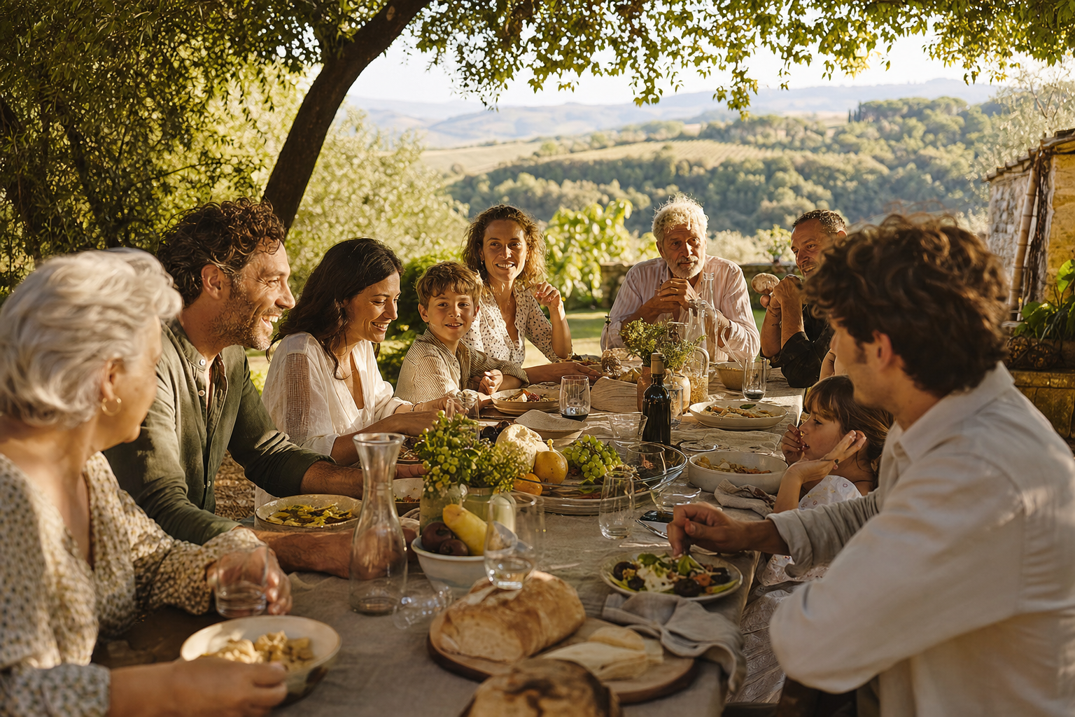 Een lange tafel in een schaduwrijke Italiaanse tuin waar volwassenen en kinderen samen eten en praten, met olijfbomen en glooiend landschap op de achtergrond.