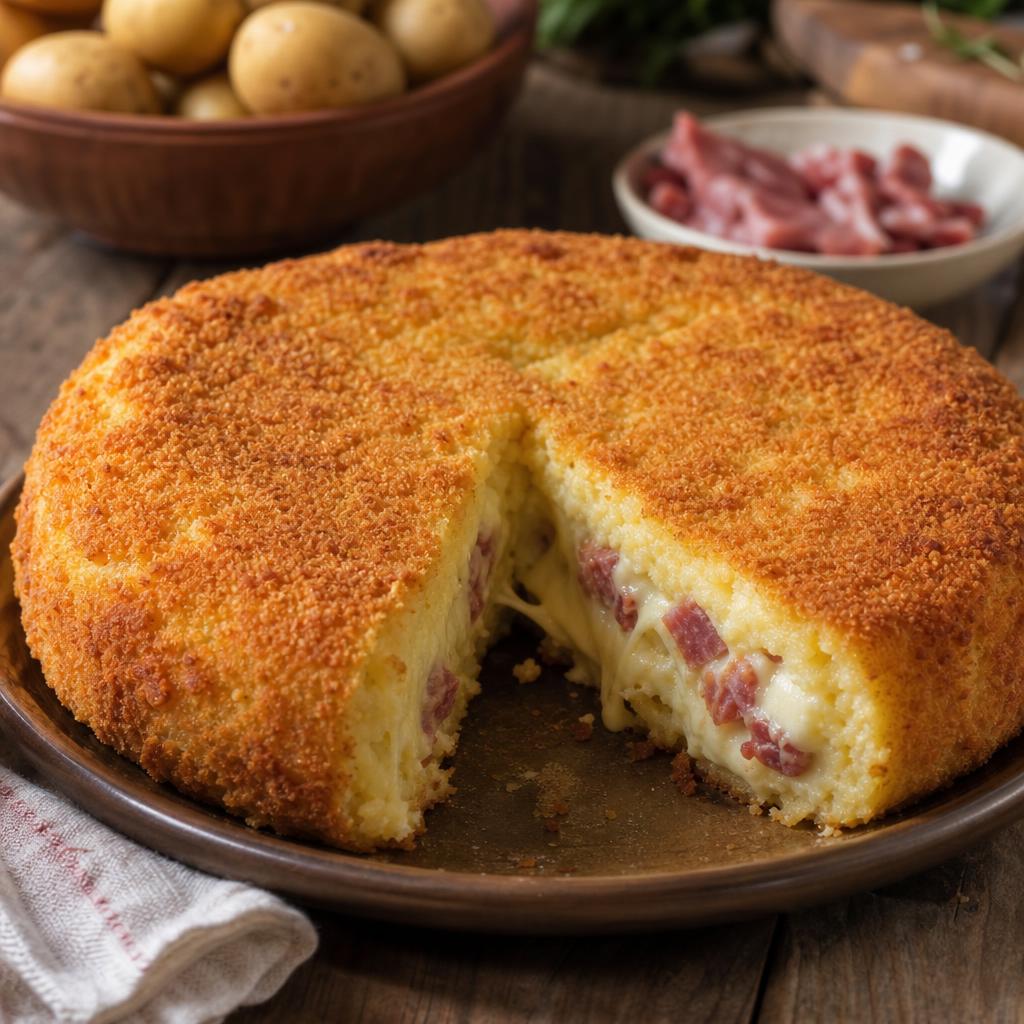 Aangesneden Napolitaanse aardappeltaart met een krokante korst en gesmolten kaas