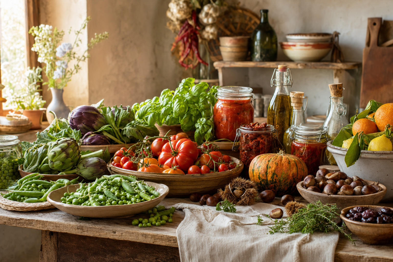 Een houten keukentafel met artisjokken, erwten, tomaten, basilicum, pompoen, kastanjes, citrusvruchten en glazen potten met ingemaakte tomaten in zacht raamlicht.
