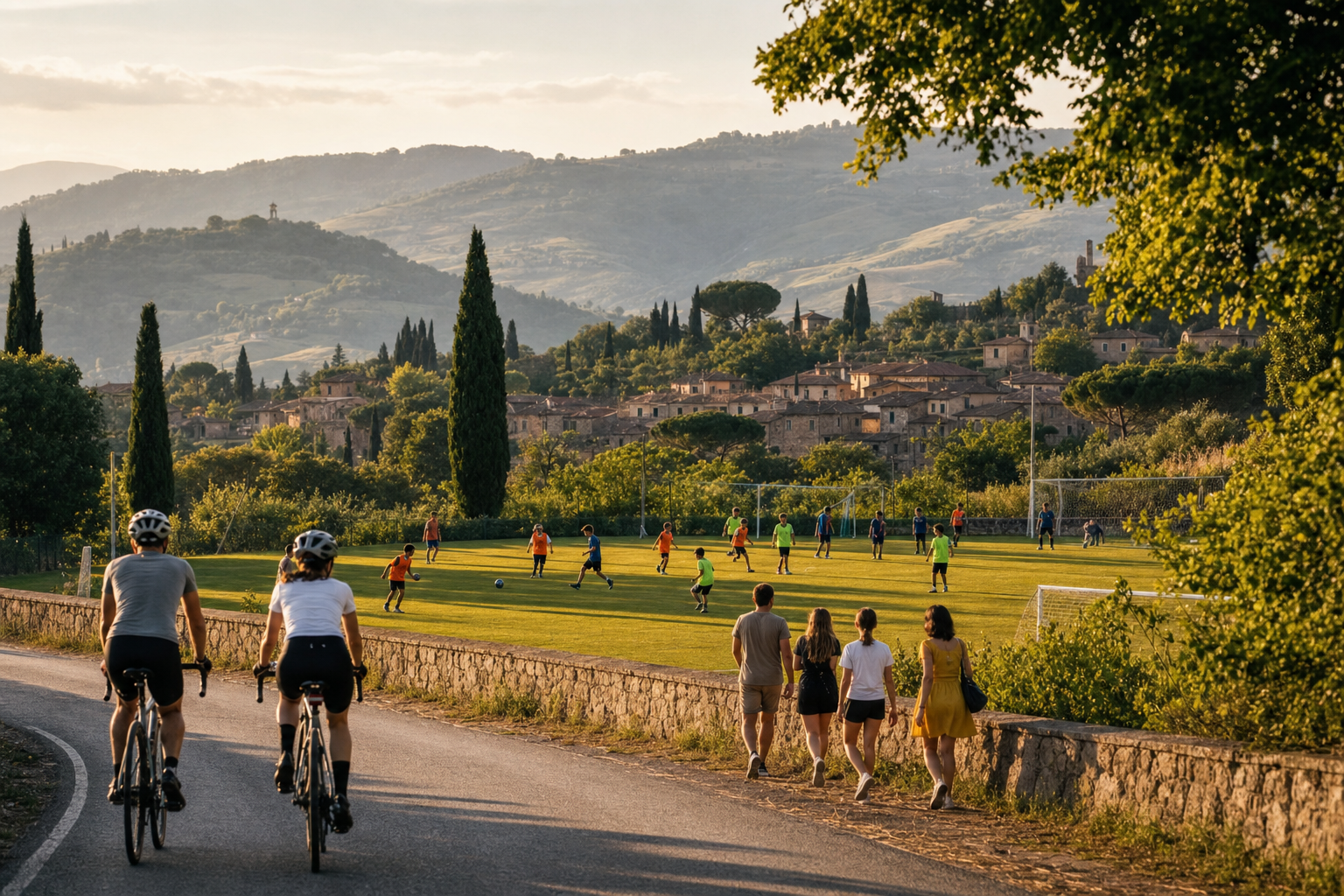 Een groen Italiaans heuvellandschap met cipressen, een dorpje in de verte, mensen die voetballen op een veld, fietsers op een landweg en wandelaars langs de rand van het veld.