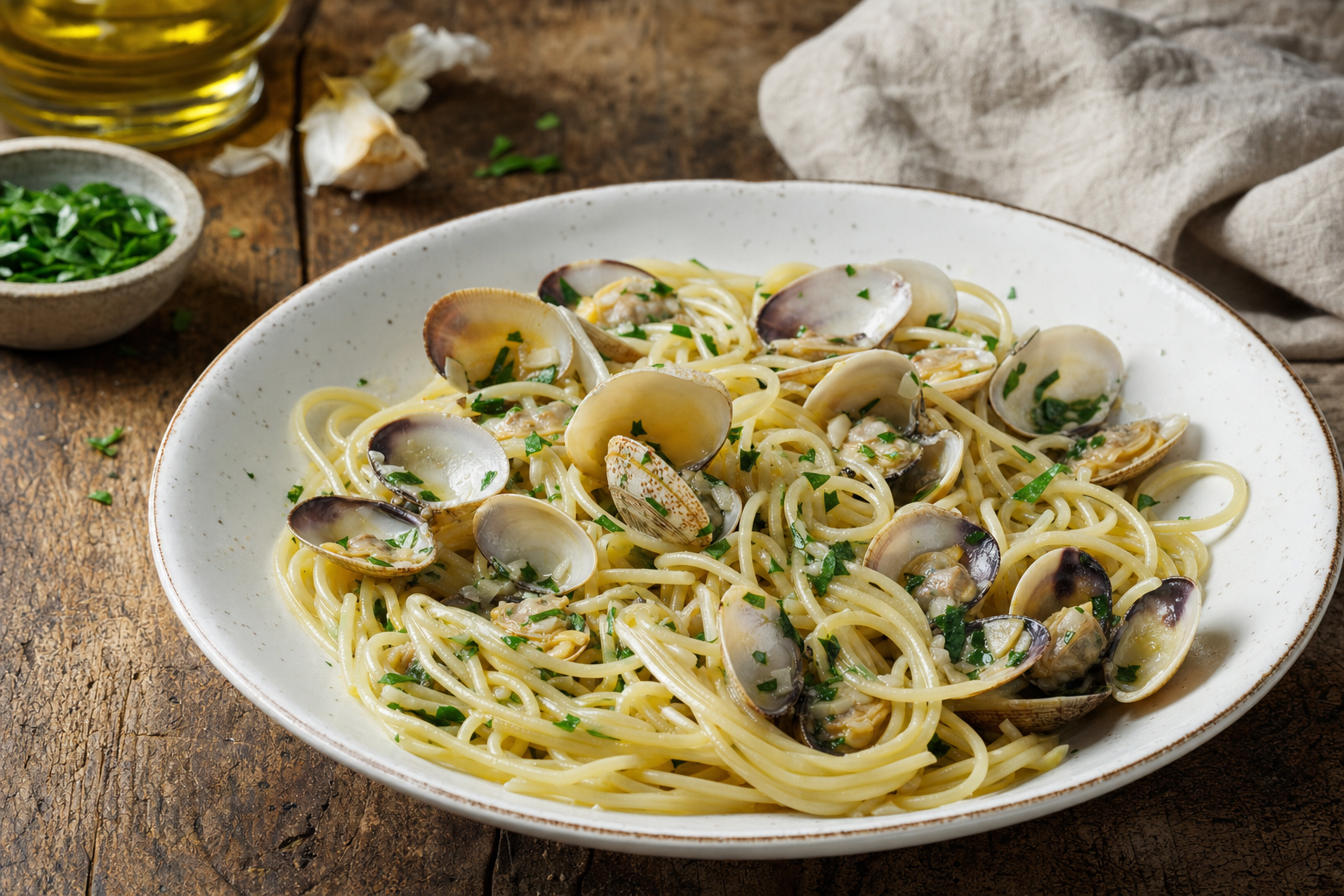 Een wit keramieken bord met glanzende spaghetti, geopende venusschelpen in de schelp, fijngehakte peterselie en een lichte saus op een houten tafel.